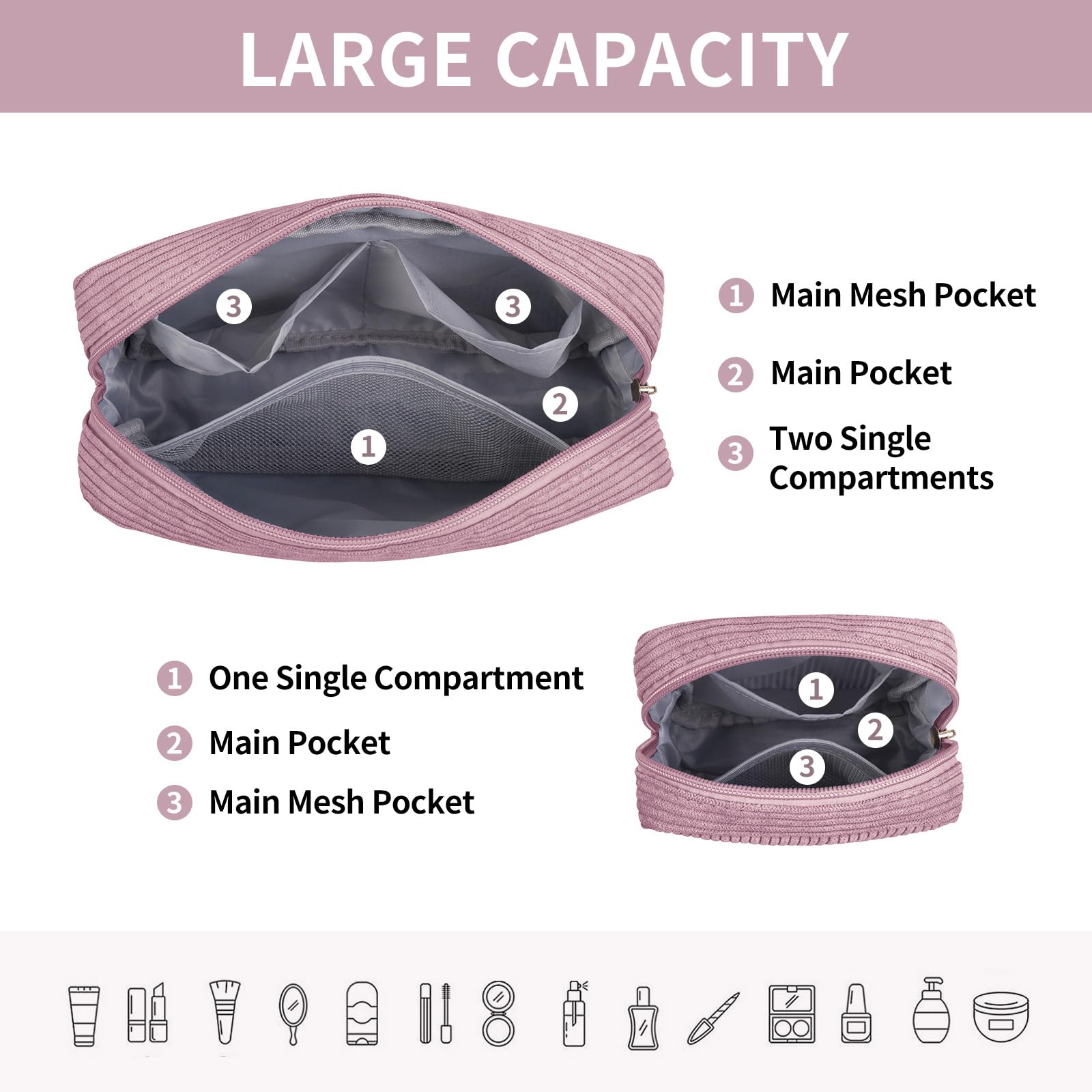 MAGEFY corduroy bag with interior pockets helps separate brushes and cosmetics.