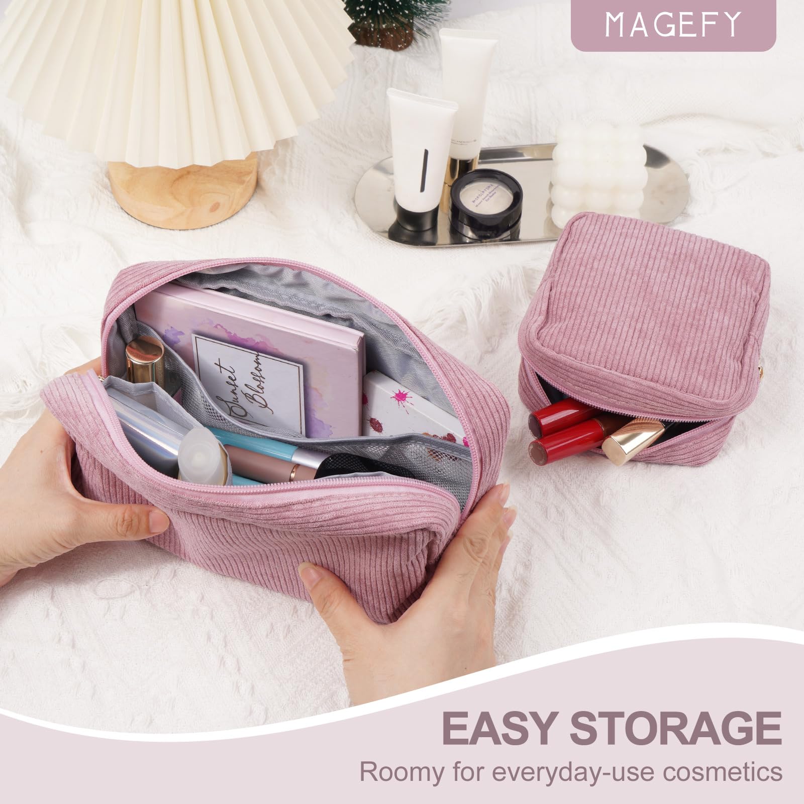 MAGEFY small cube makeup bag with zipper for compact travel storage.
