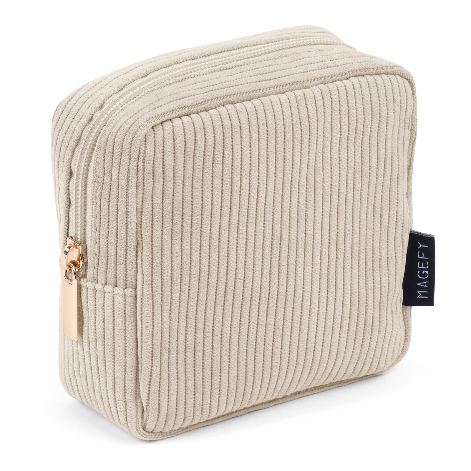 MAGEFY small beige makeup bag exterior ideal for purse organization on the go.
