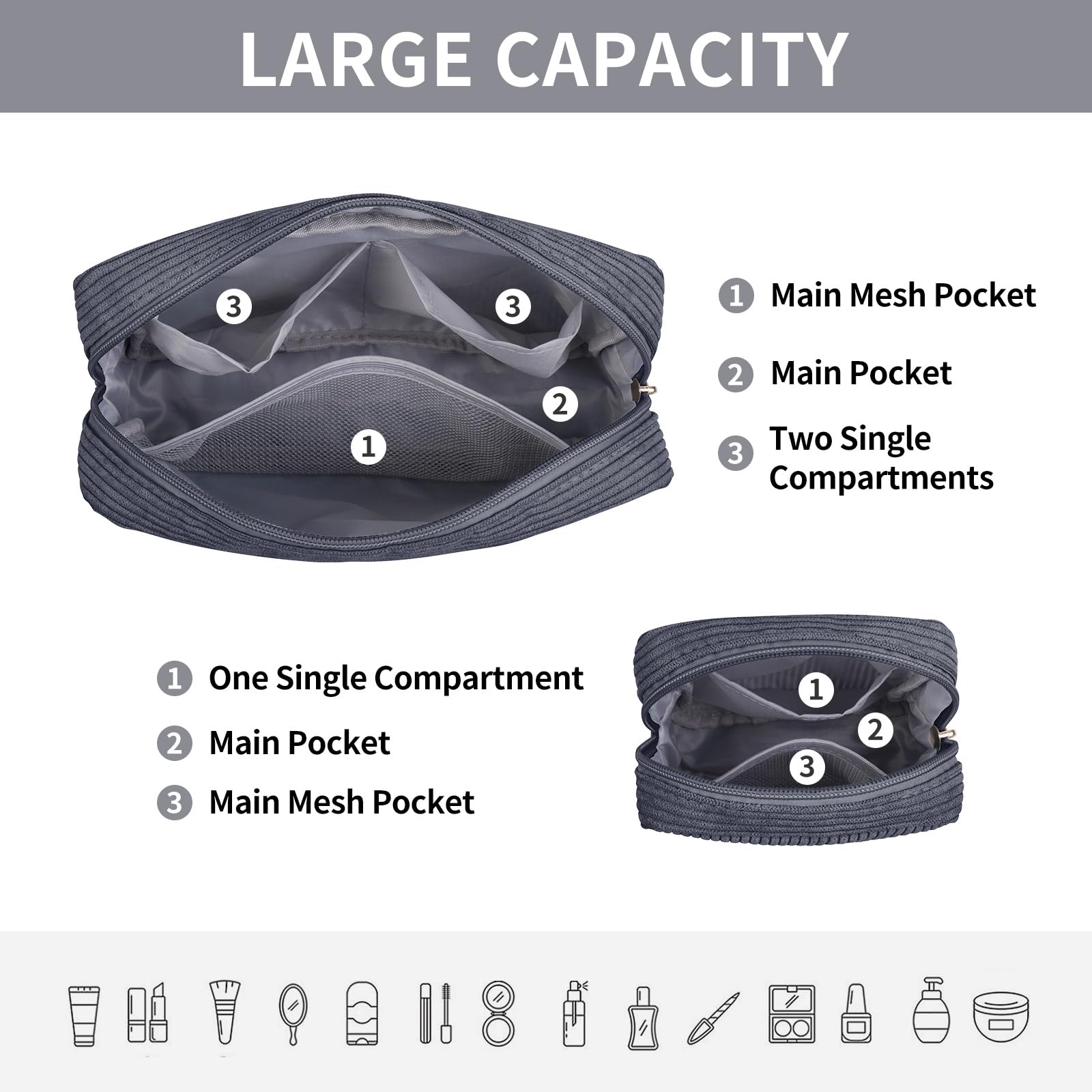 MAGEFY Small Makeup Bag DeepGrey side pockets keep brushes secure.