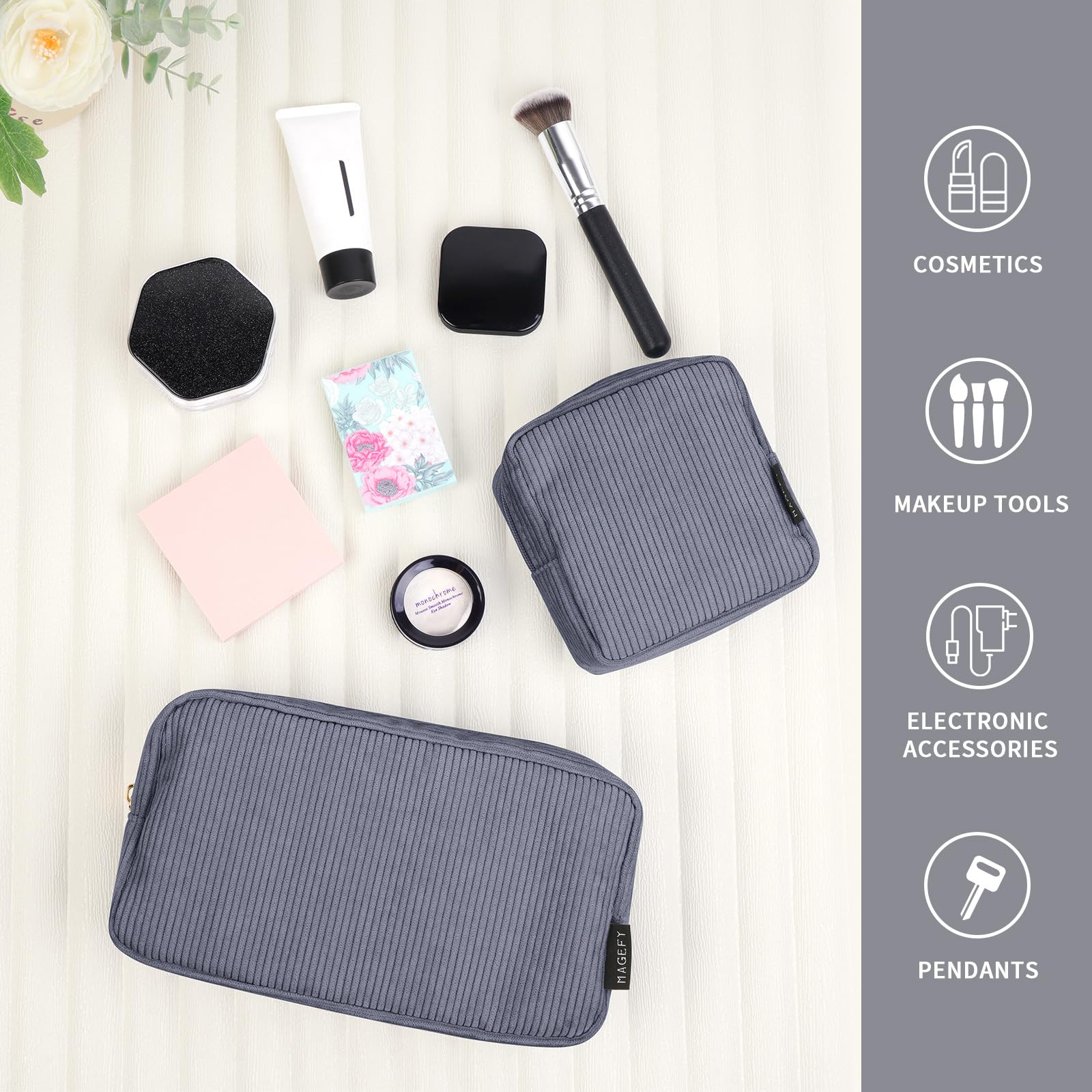 MAGEFY Small Makeup Bag DeepGrey zip-top closure guards contents.