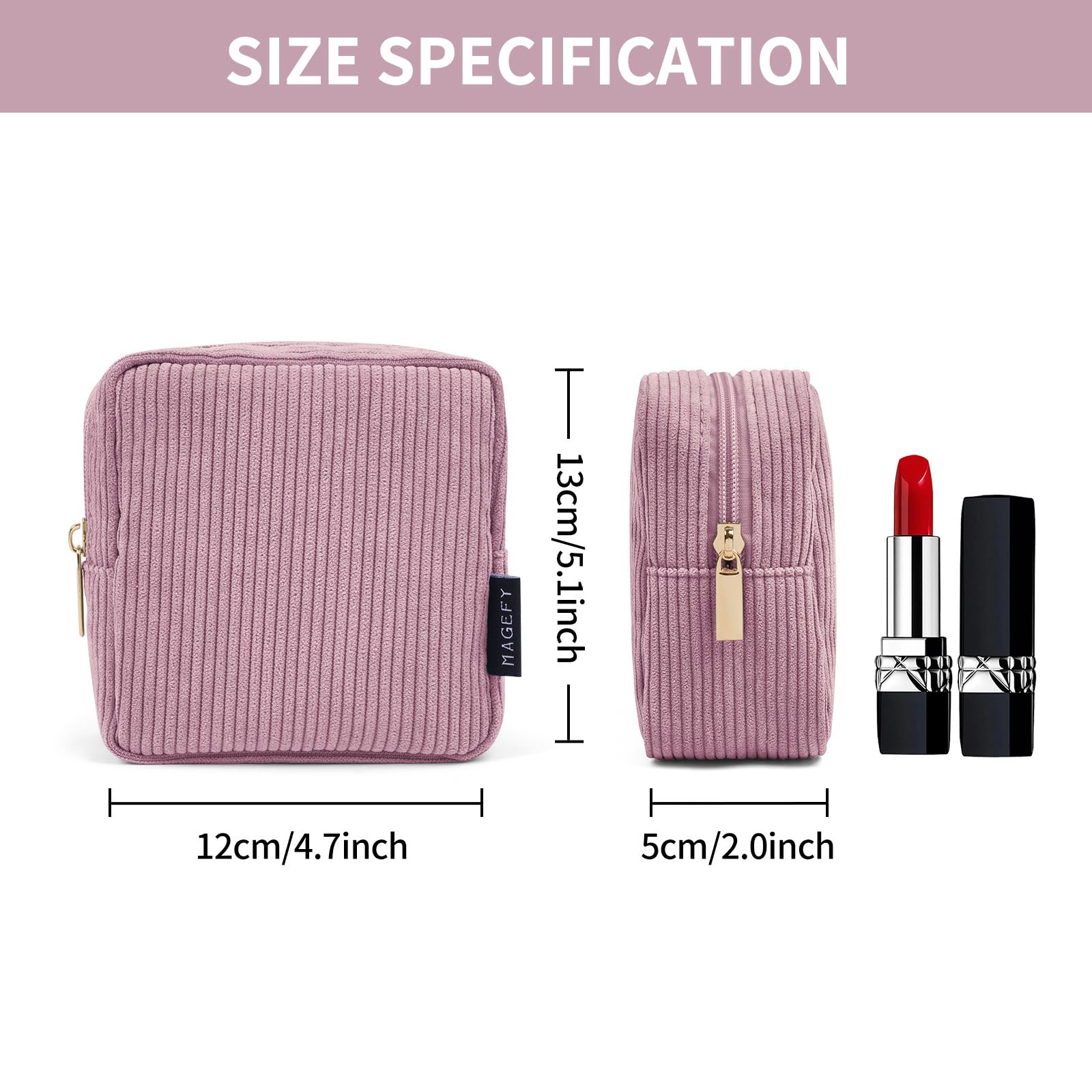 MAGEFY small pink makeup pouch with zip top keeps brushes and lipsticks secure.