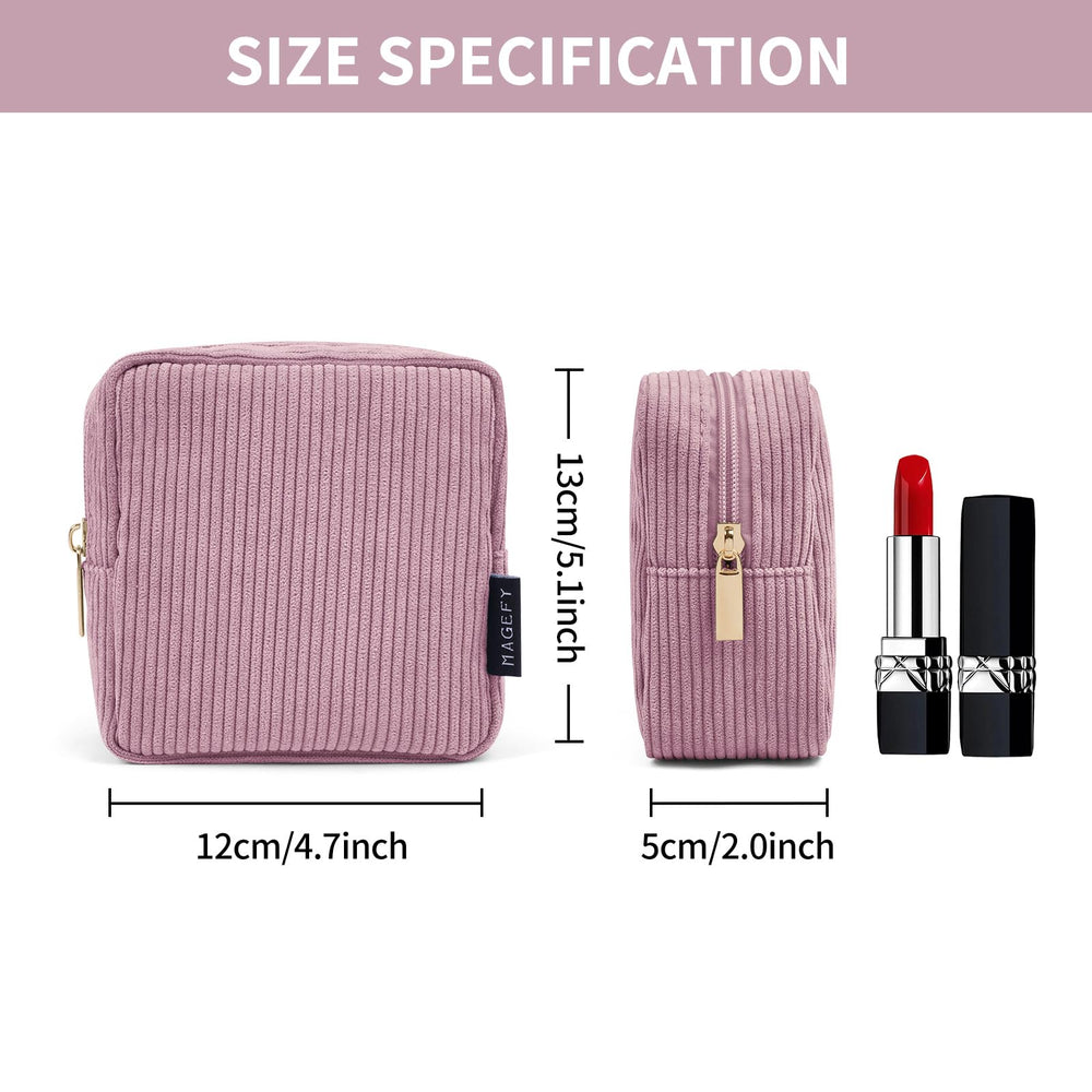MAGEFY small pink makeup pouch with zip top keeps brushes and lipsticks secure.