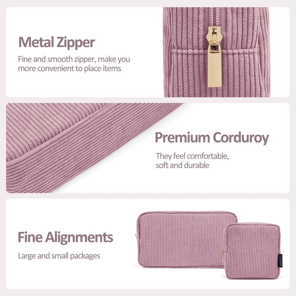 MAGEFY travel makeup bag in pink; lightweight and fits in most purses.