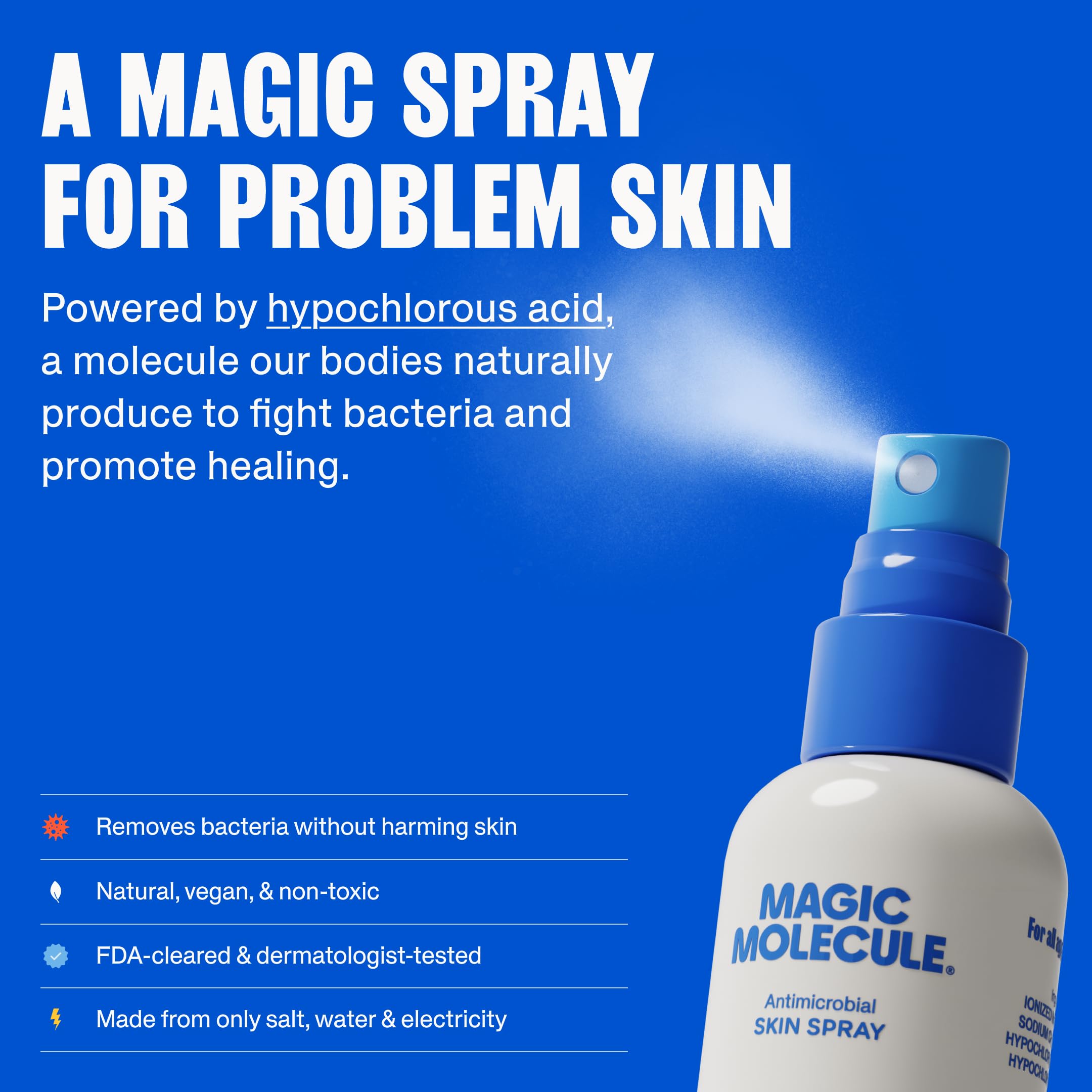 Magic Molecule Skin Cleanser close-up highlights HOCl formula supporting balanced skin
