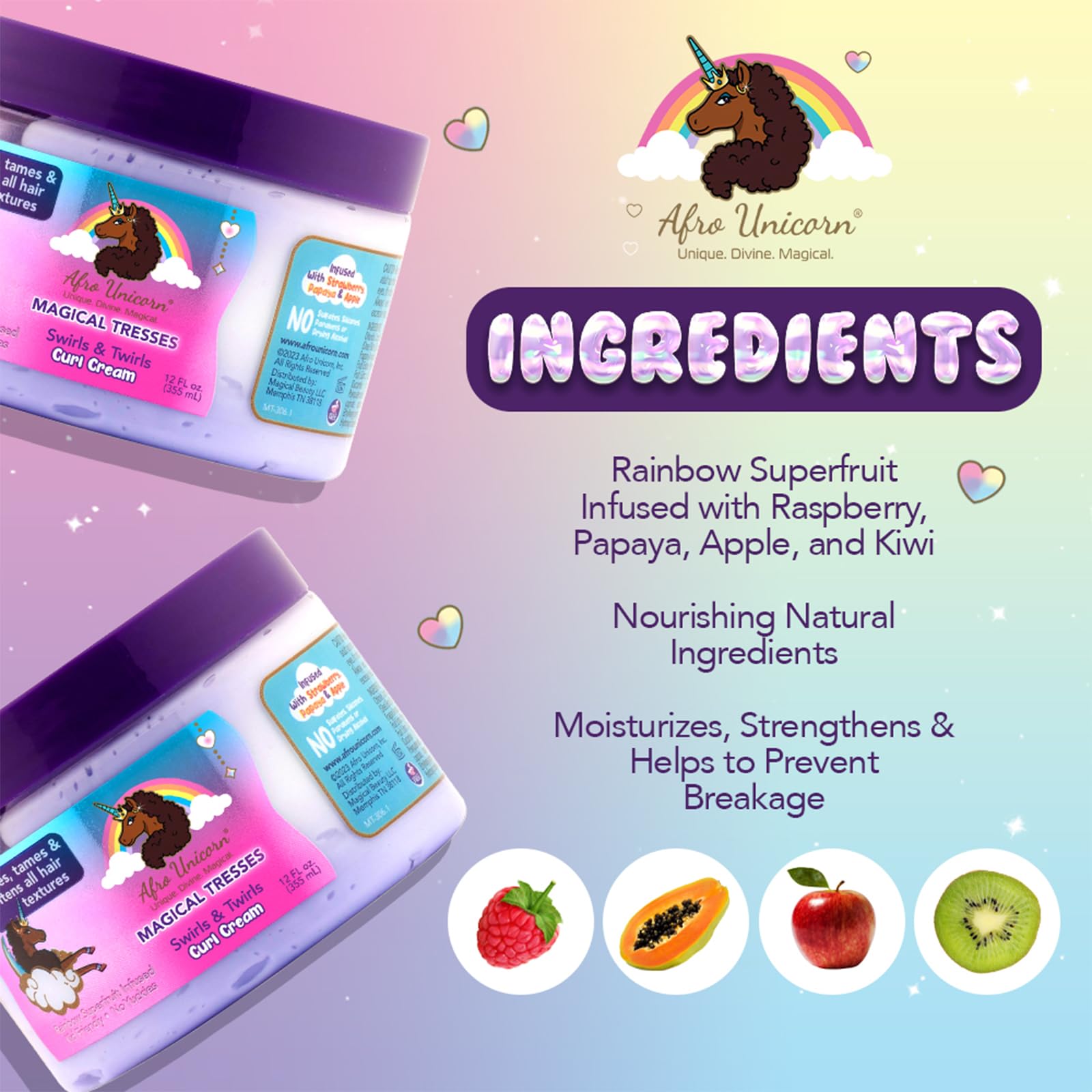 MAGICAL TRESSES Swirls & Twirls rainbow superfruit ingredients close-up for nourishment