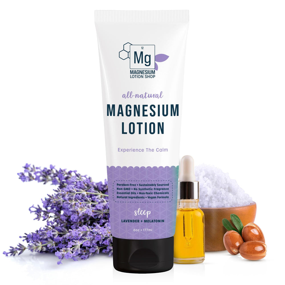 Magnesium Lotion Shop lavender bottle promotes relaxation