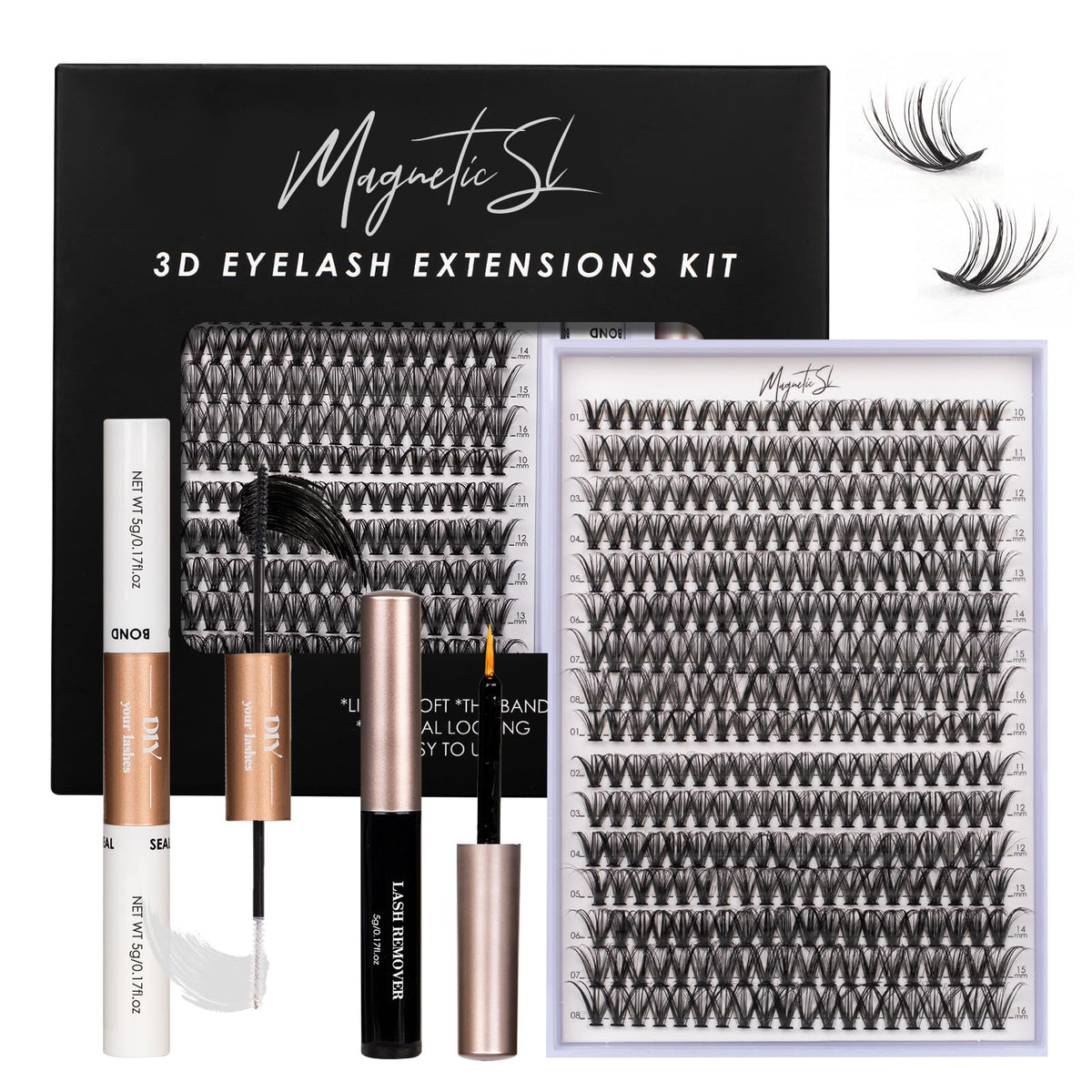 Magnetic SL lash clusters kit contents for at-home customization and easy beginner practice.