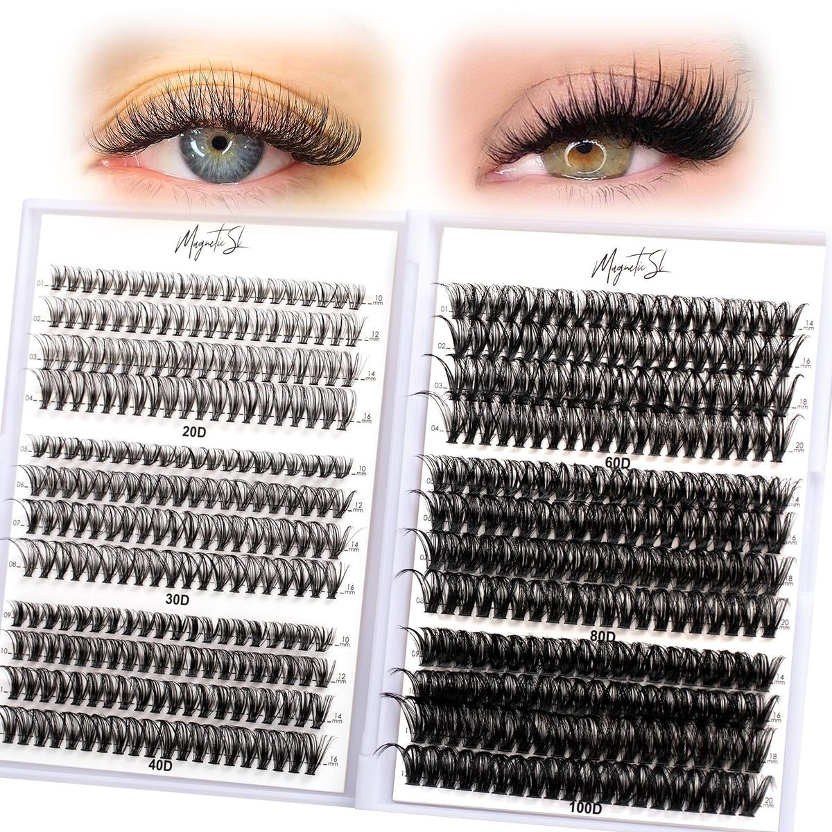 Magnetic SL lash clusters in a six-style tray for customizable, natural-to-dramatic looks.