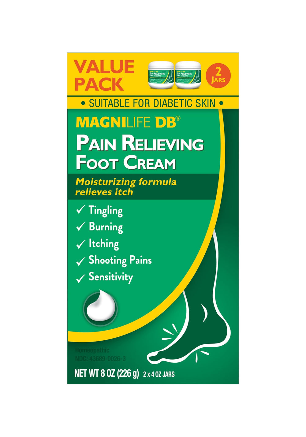 MagniLife DB Foot Cream box label highlighting plant-derived ingredients.