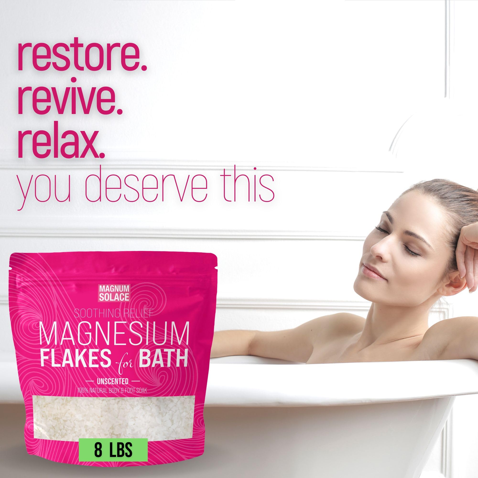 Magnum Solace baño nocturno con copos de magnesio para pies cansados.