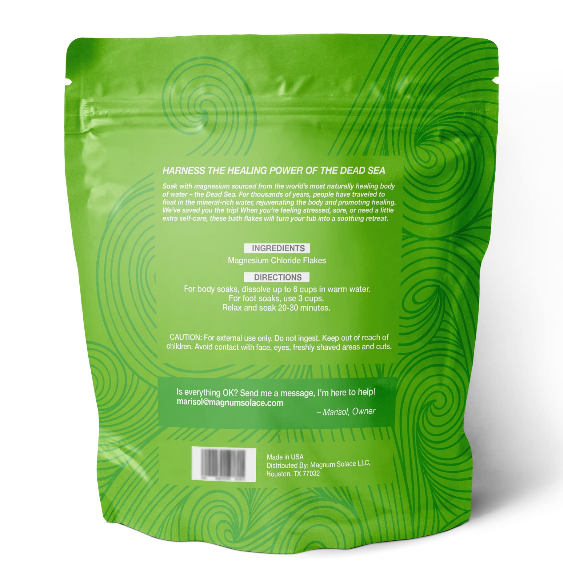 Magnum Solace label detail shows pure magnesium chloride flakes from the Dead Sea.