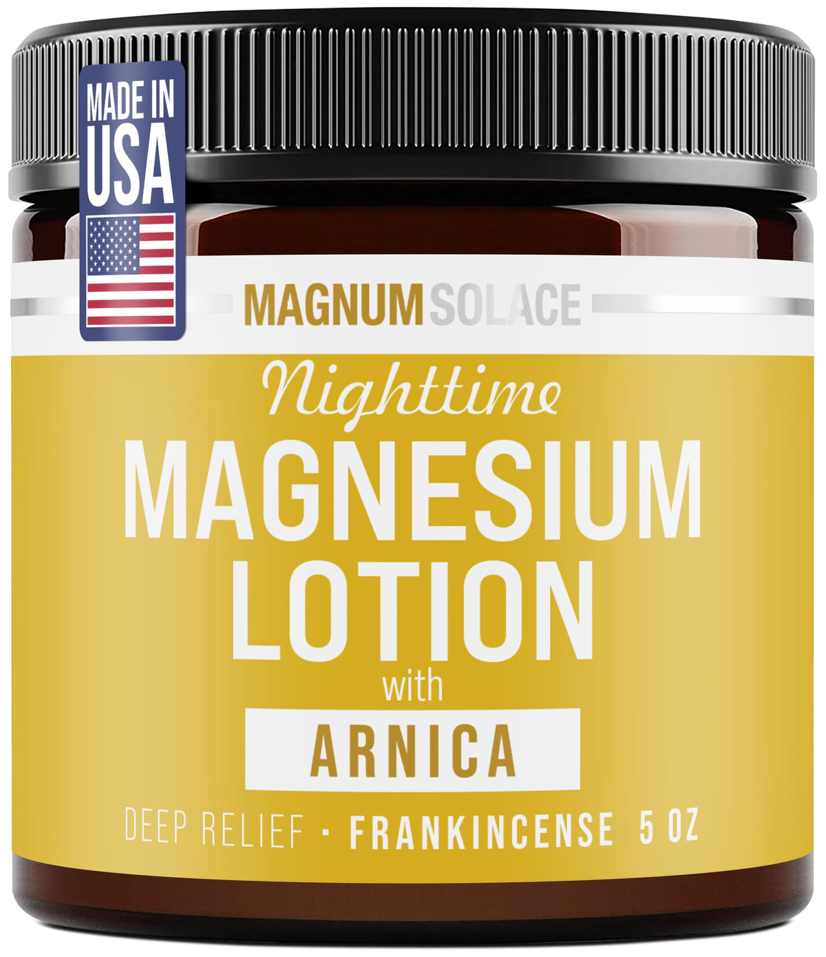 Loción nocturna Magnum Solace en botella para relajación nocturna y cuidado de la piel.