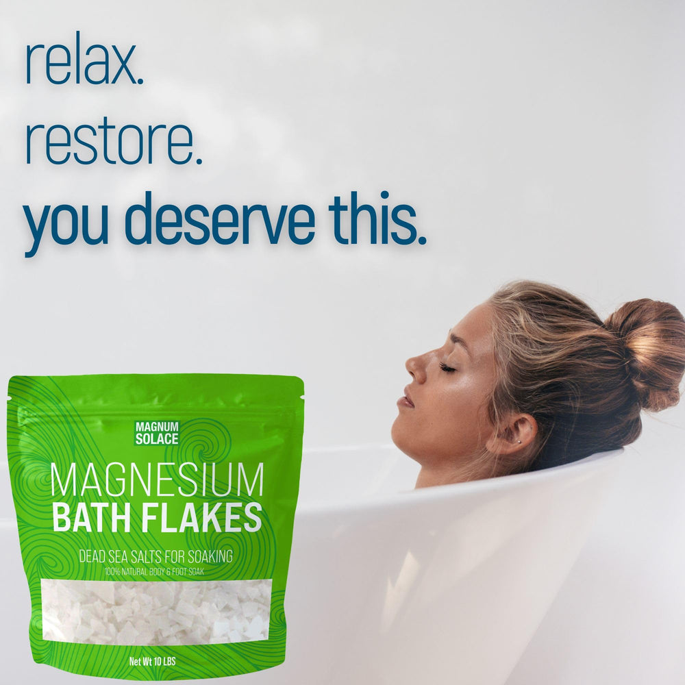Magnum Solace magnesium flakes bath closeup texture emphasizes pure magnesium chloride.