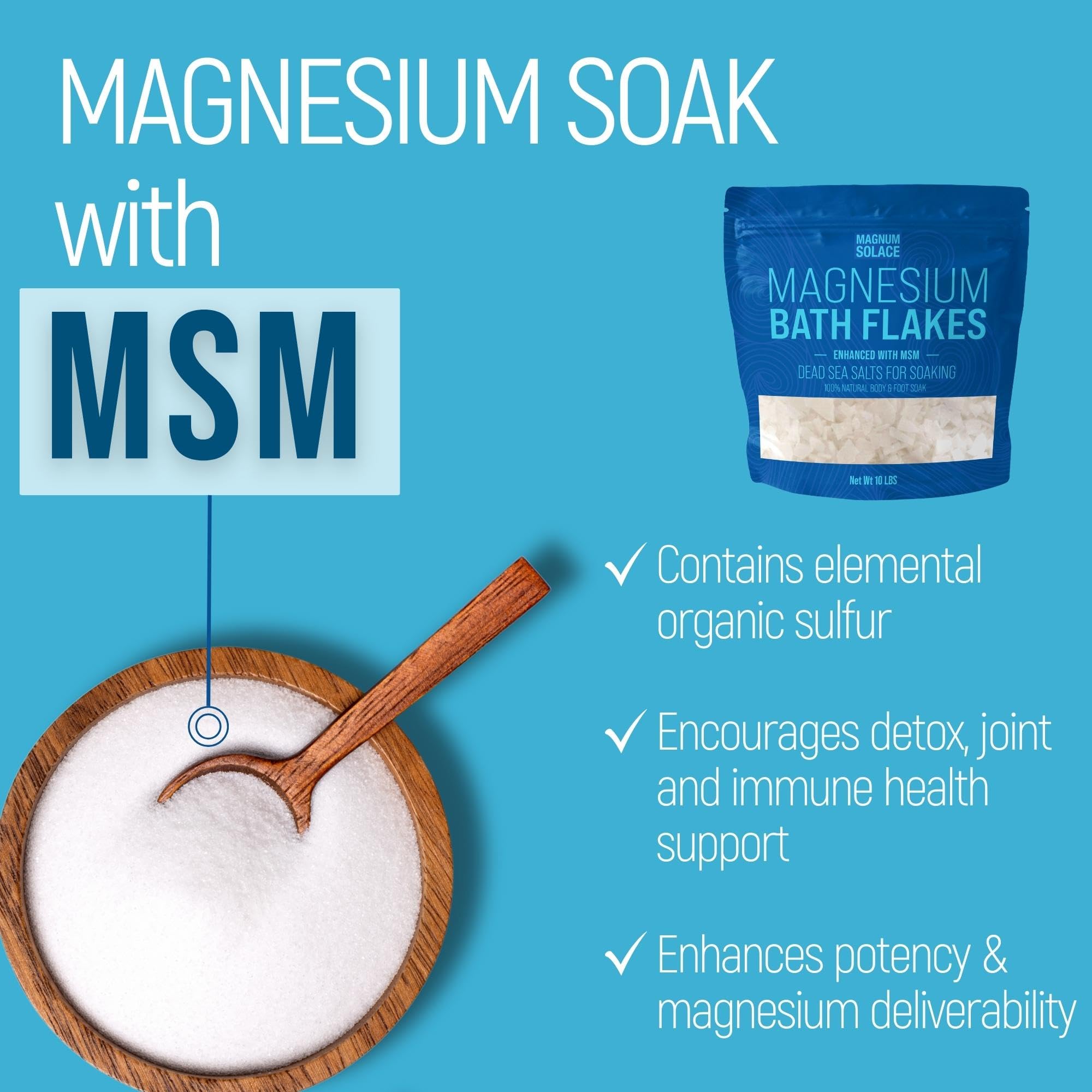 Pure MSM infusion with magnesium chloride flakes for refreshing bath time.