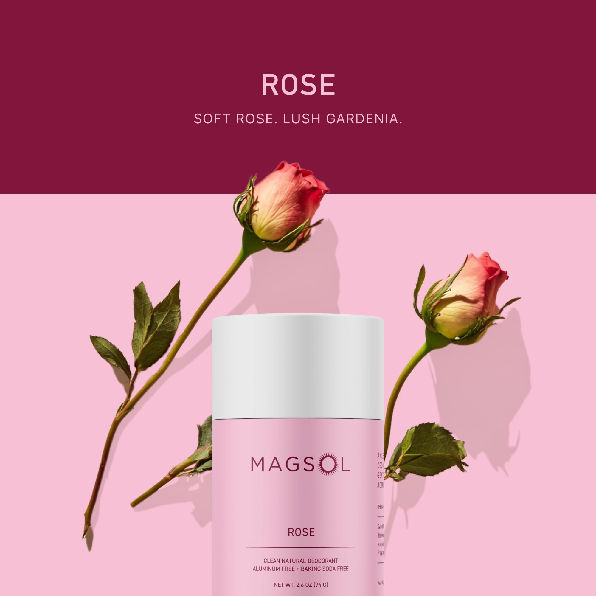 MAGSOL desodorante rosa, fórmula suave para piel sensible y irritaciones mínimas.