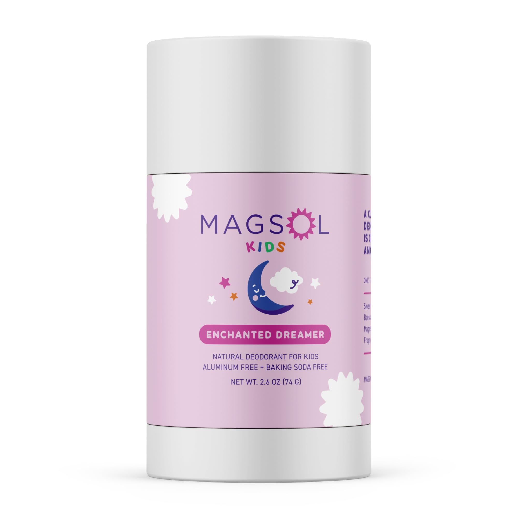 MagSol Organics desodorante natural para niños, enfoque sueño encantado y uso diario.