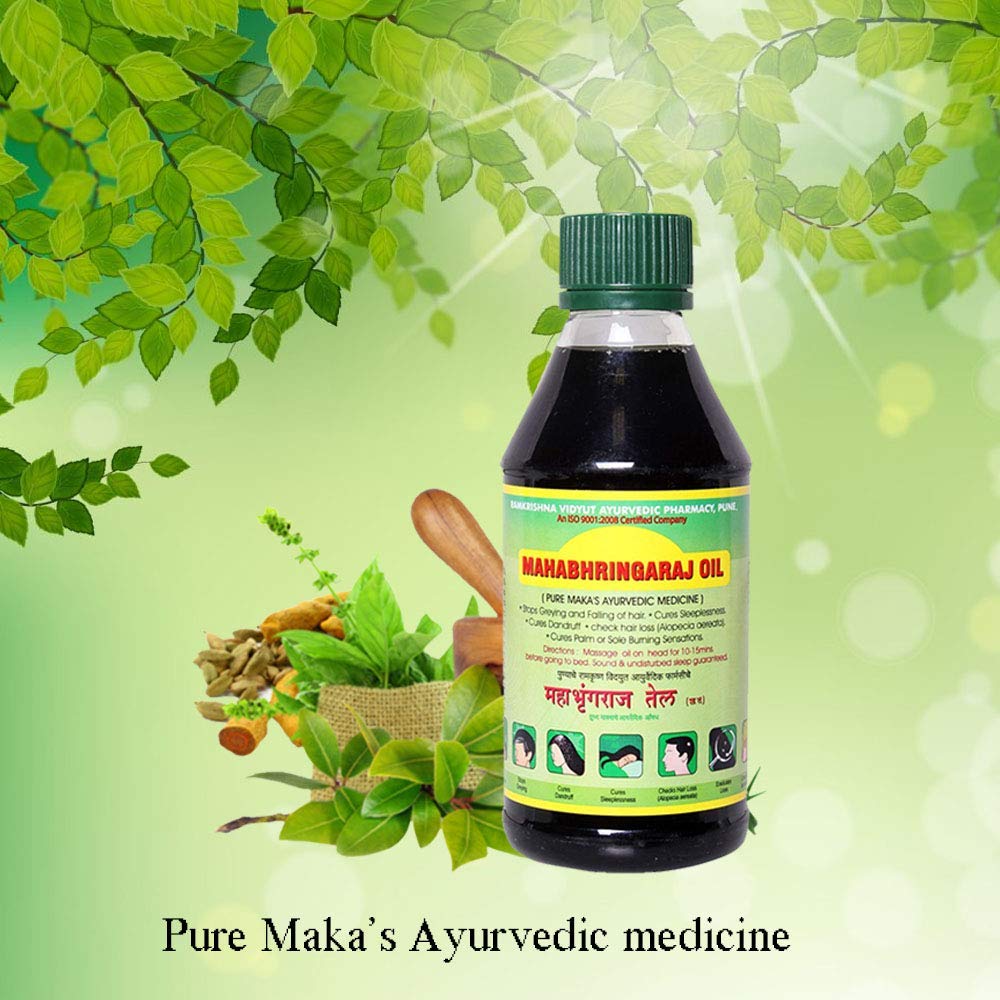 Mahabhringaraj Oil brand-label close-up conveys traditional Ayurvedic care