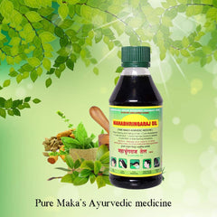 Mahabhringaraj Oil brand-label close-up conveys traditional Ayurvedic care