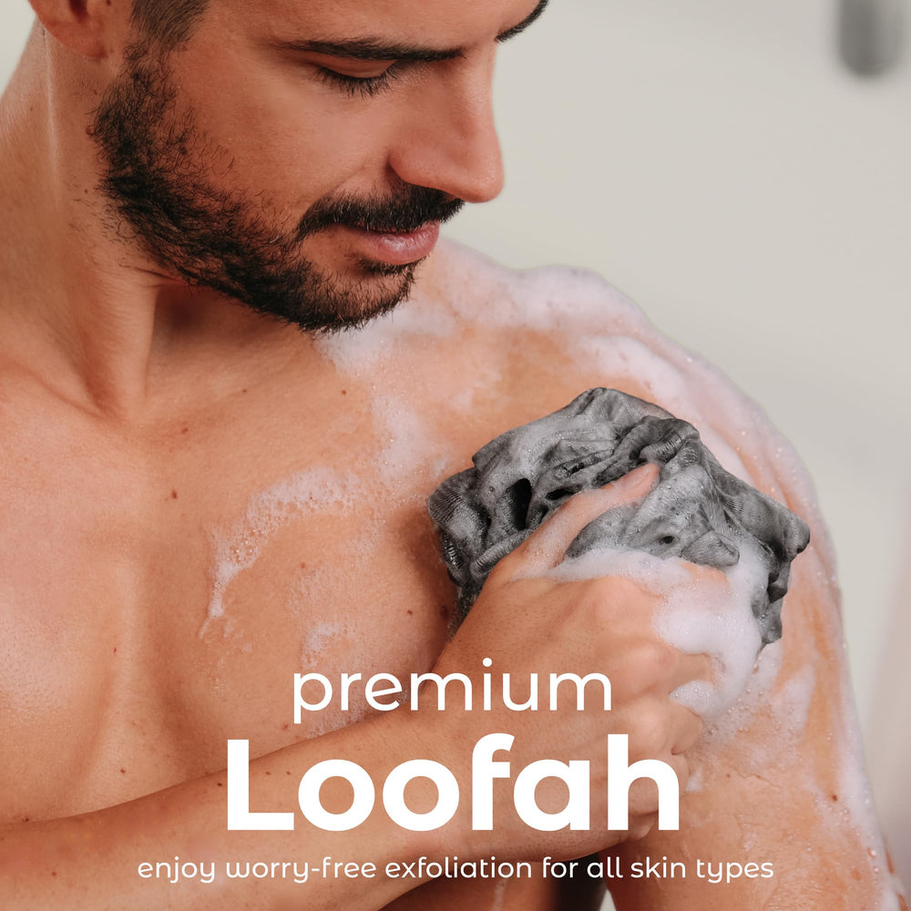 MainBasics charcoal infused loofah close up showing fine mesh exfoliation
