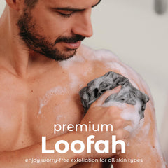 MainBasics charcoal infused loofah close up showing fine mesh exfoliation