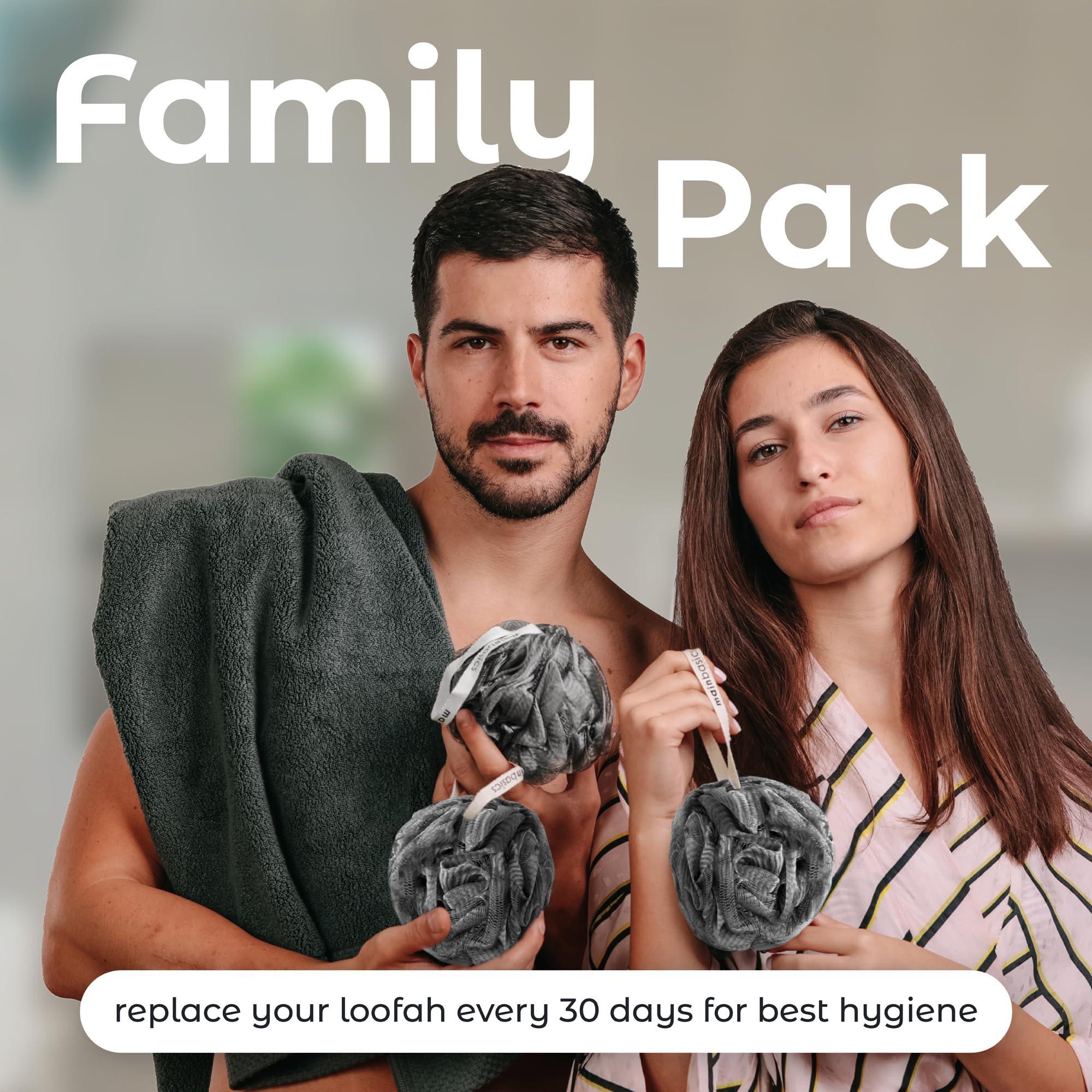 MainBasics neutral toned loofah beside bathroom décor for versatile fit