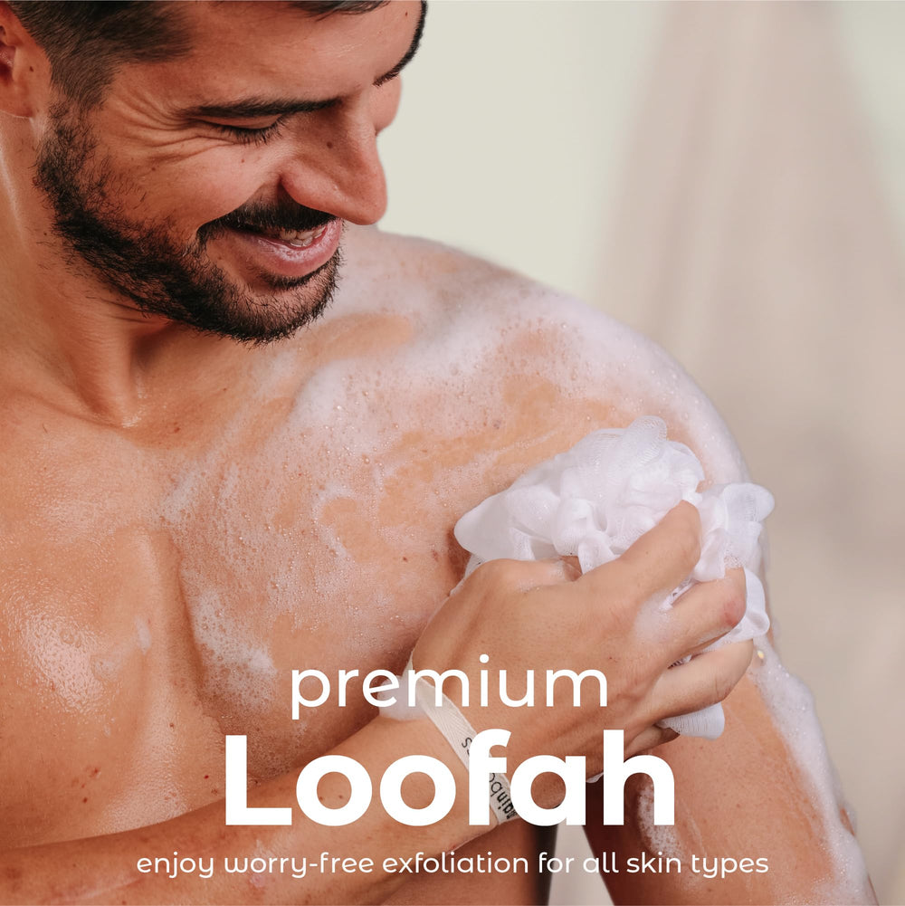 MainBasics lufa ducha malla fina suave para espuma rica y cómoda ducha.