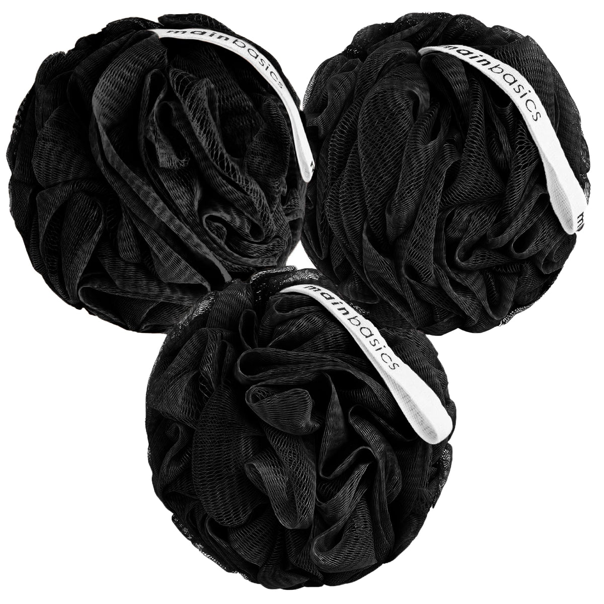 MainBasics esponja exfoliante negra, vista frontal, para duchas suaves.
