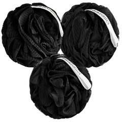 MainBasics esponja exfoliante negra, vista frontal, para duchas suaves.