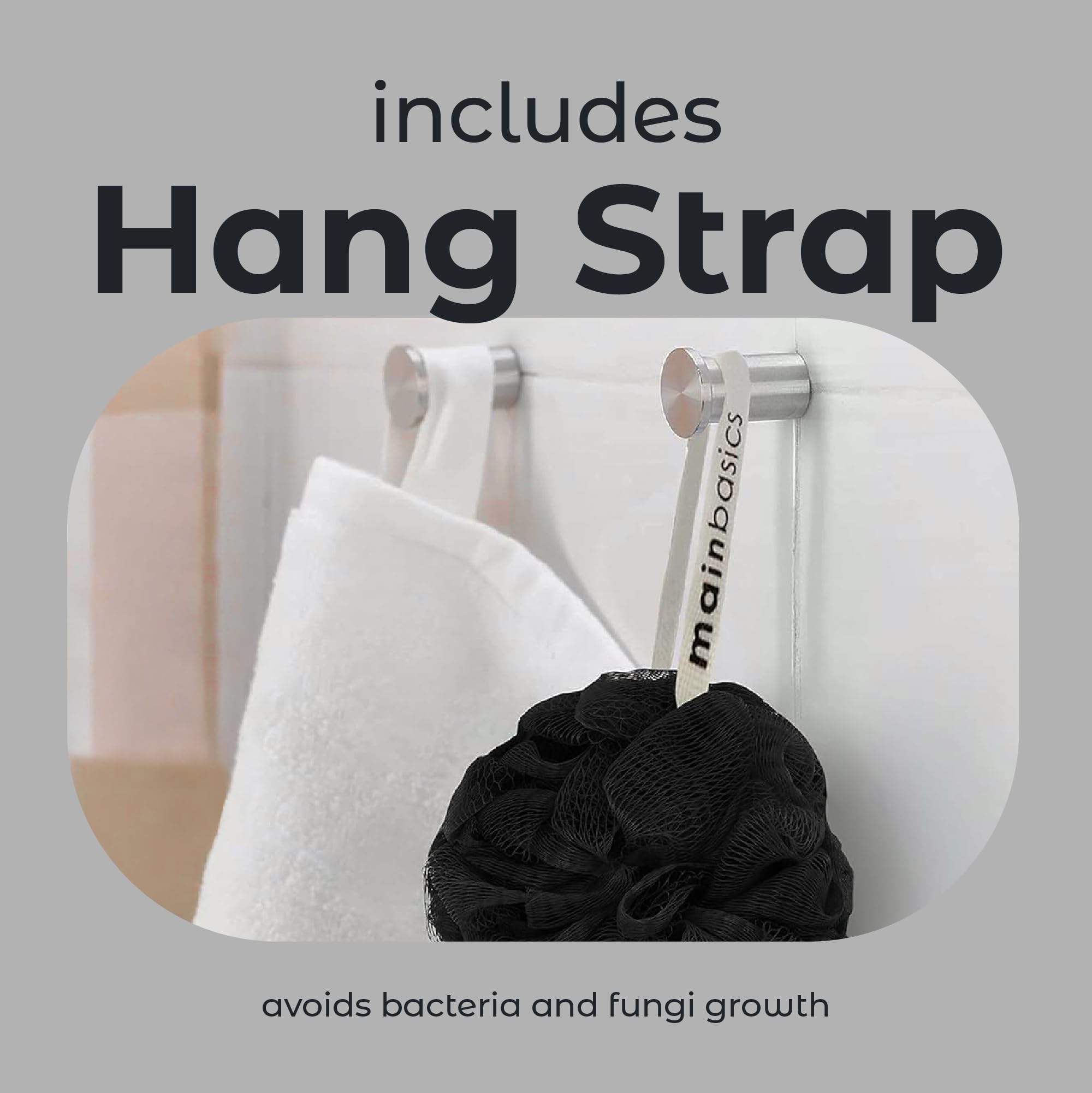 MainBasics esponja de ducha negra, diseño práctico con cuerda.