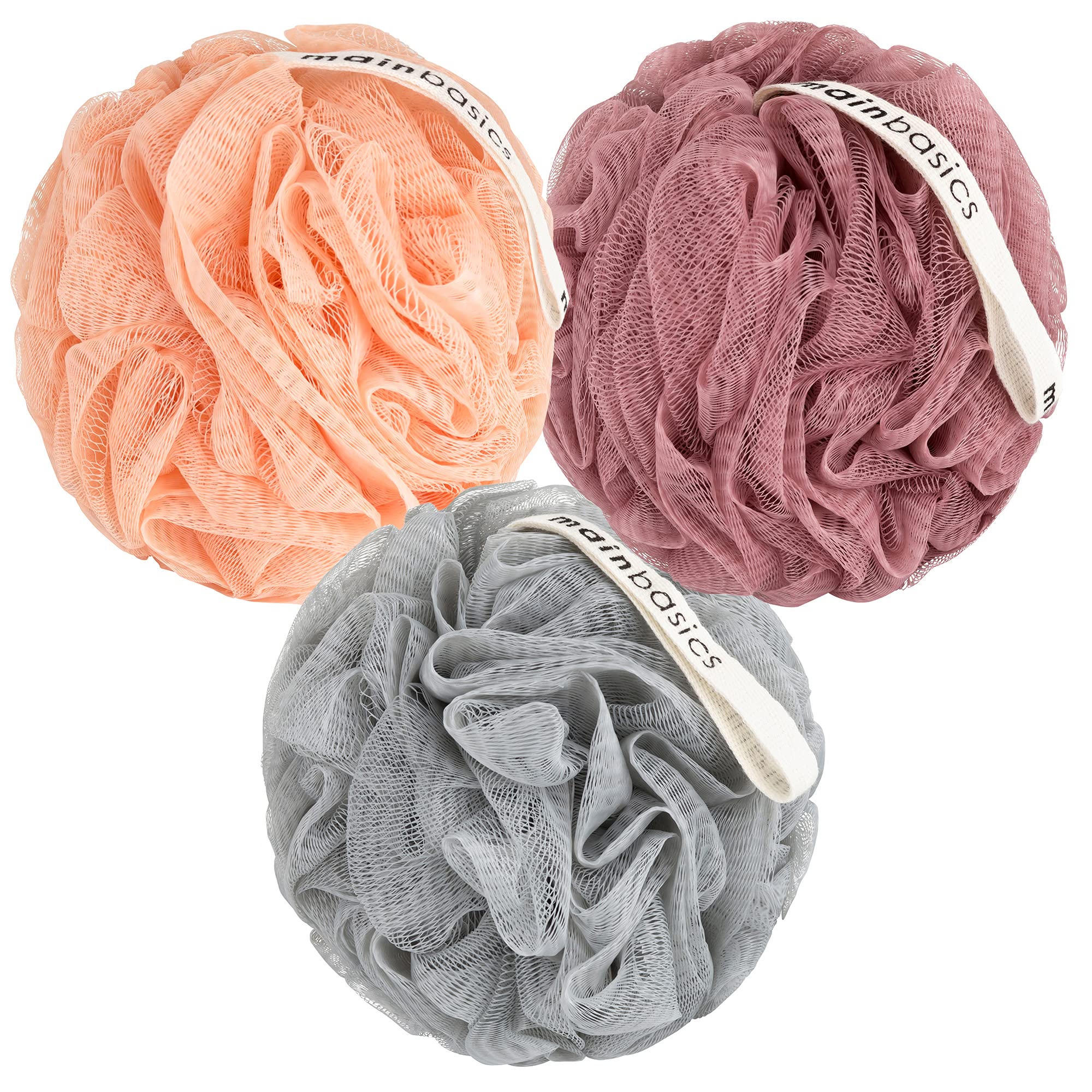 MainBasics lufa de ducha, conjunto de tres, exfoliación suave para uso diario.