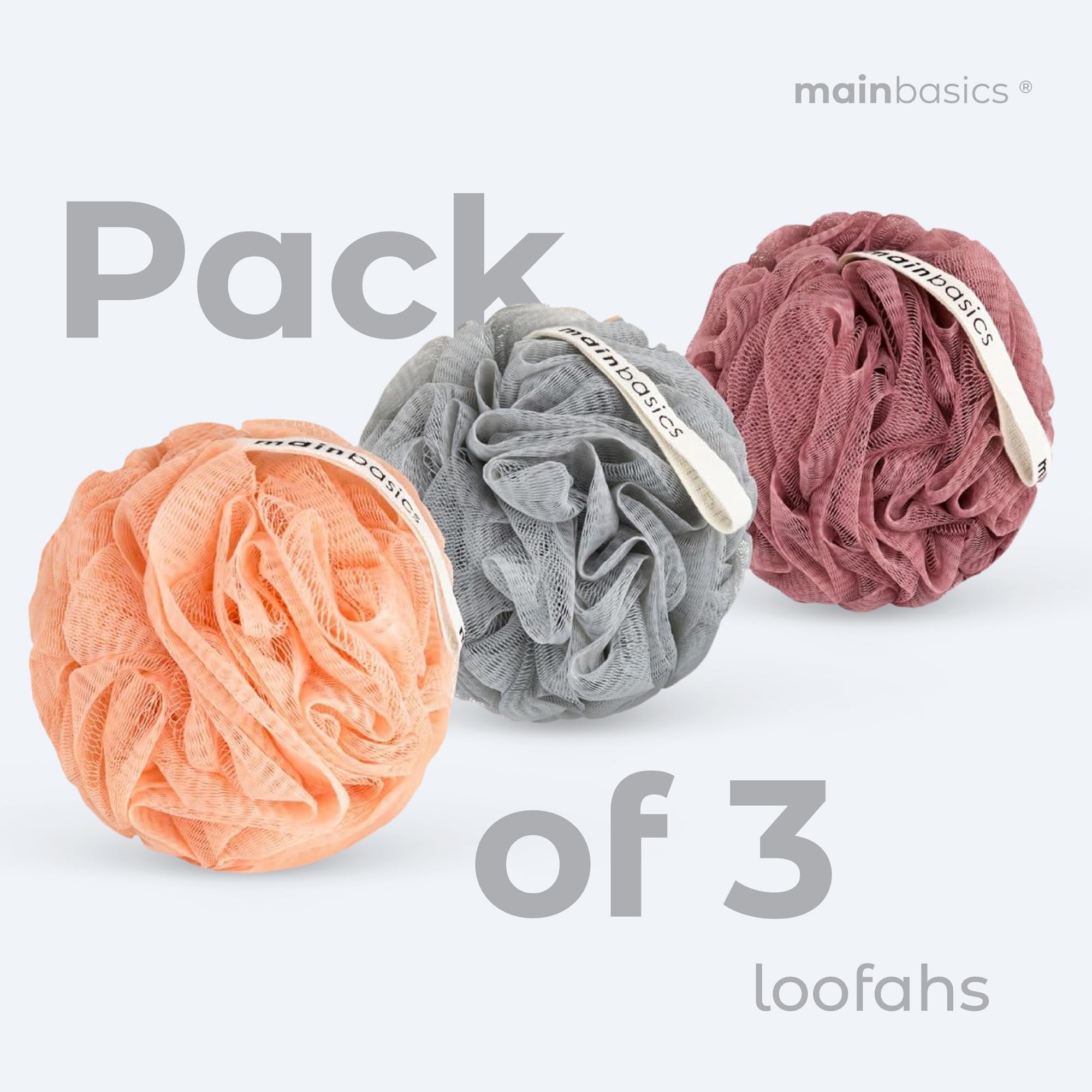 MainBasics lufa de ducha, cuerda colgante para secado y almacenamiento fácil.