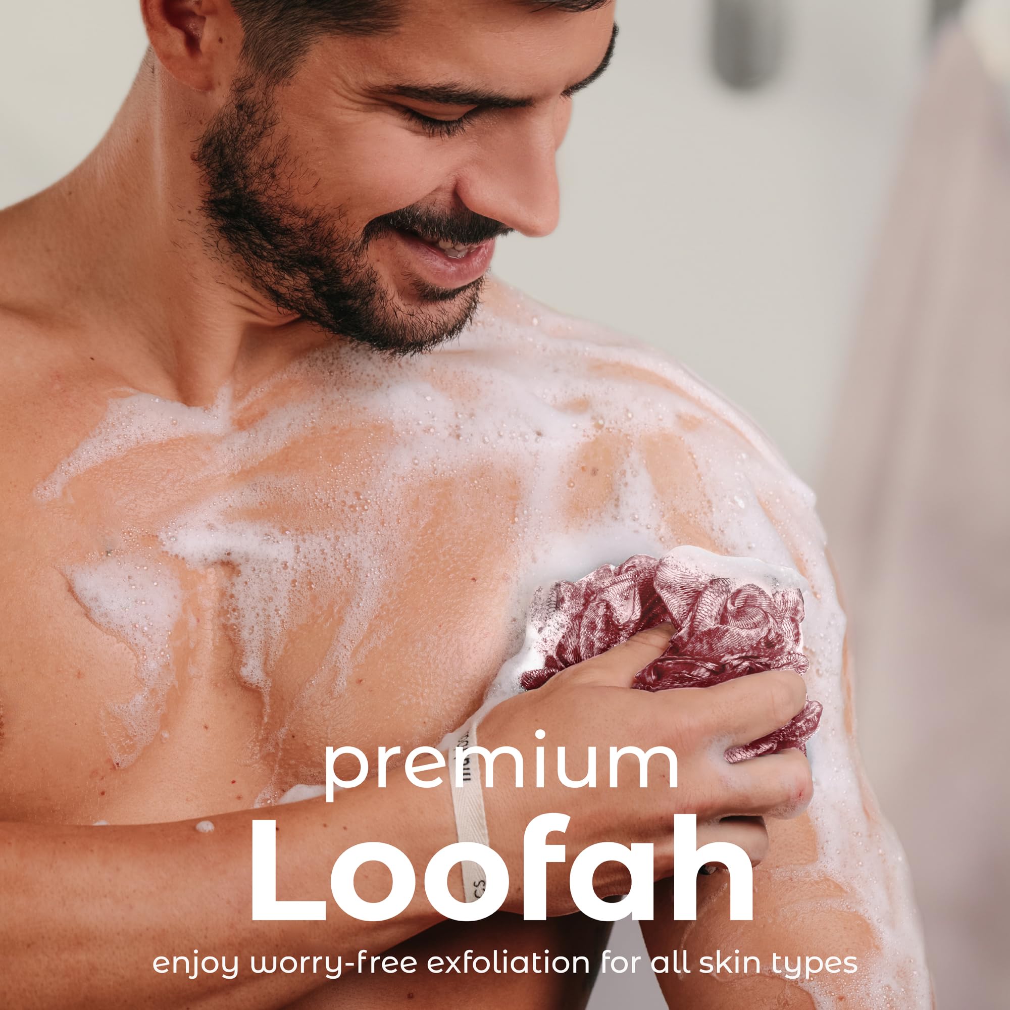 MainBasics lufa de ducha, malla fina, exfoliación delicada para piel sensible.