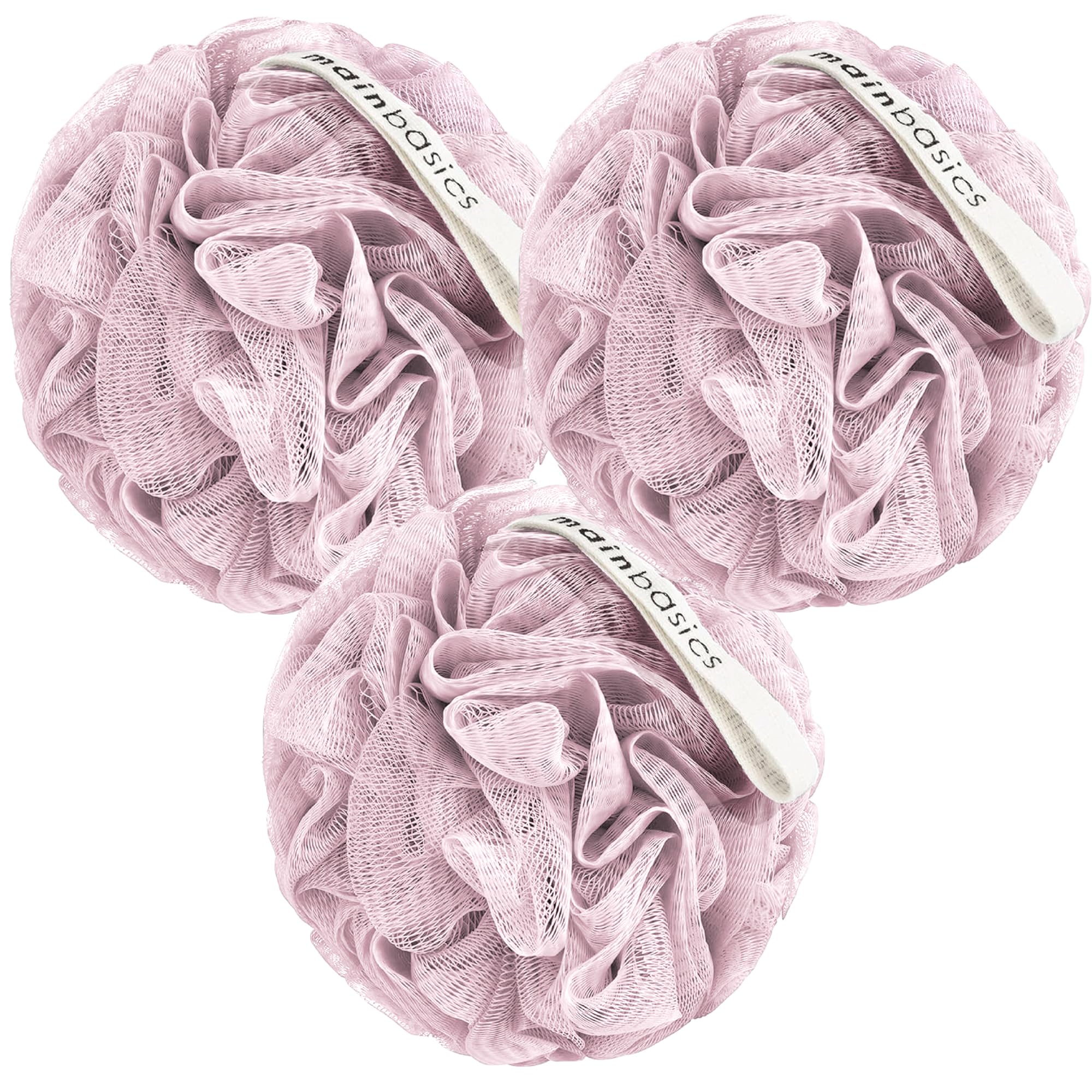 MainBasics lufa de ducha set de 3 rosadas, exfoliación suave para piel sensible