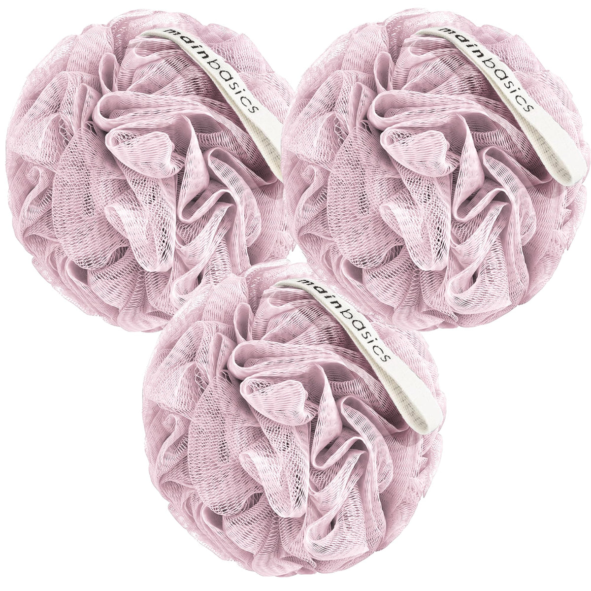 MainBasics lufa de ducha set de 3 rosadas, exfoliación suave para piel sensible