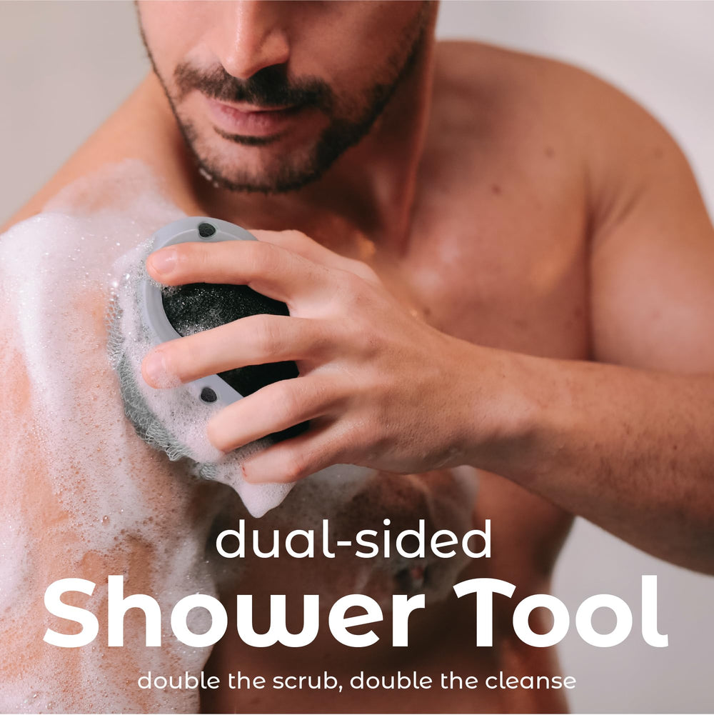 MainBasics Shower Tool Duo exfoliating scrubber provides deeper exfoliation for smoother skin.