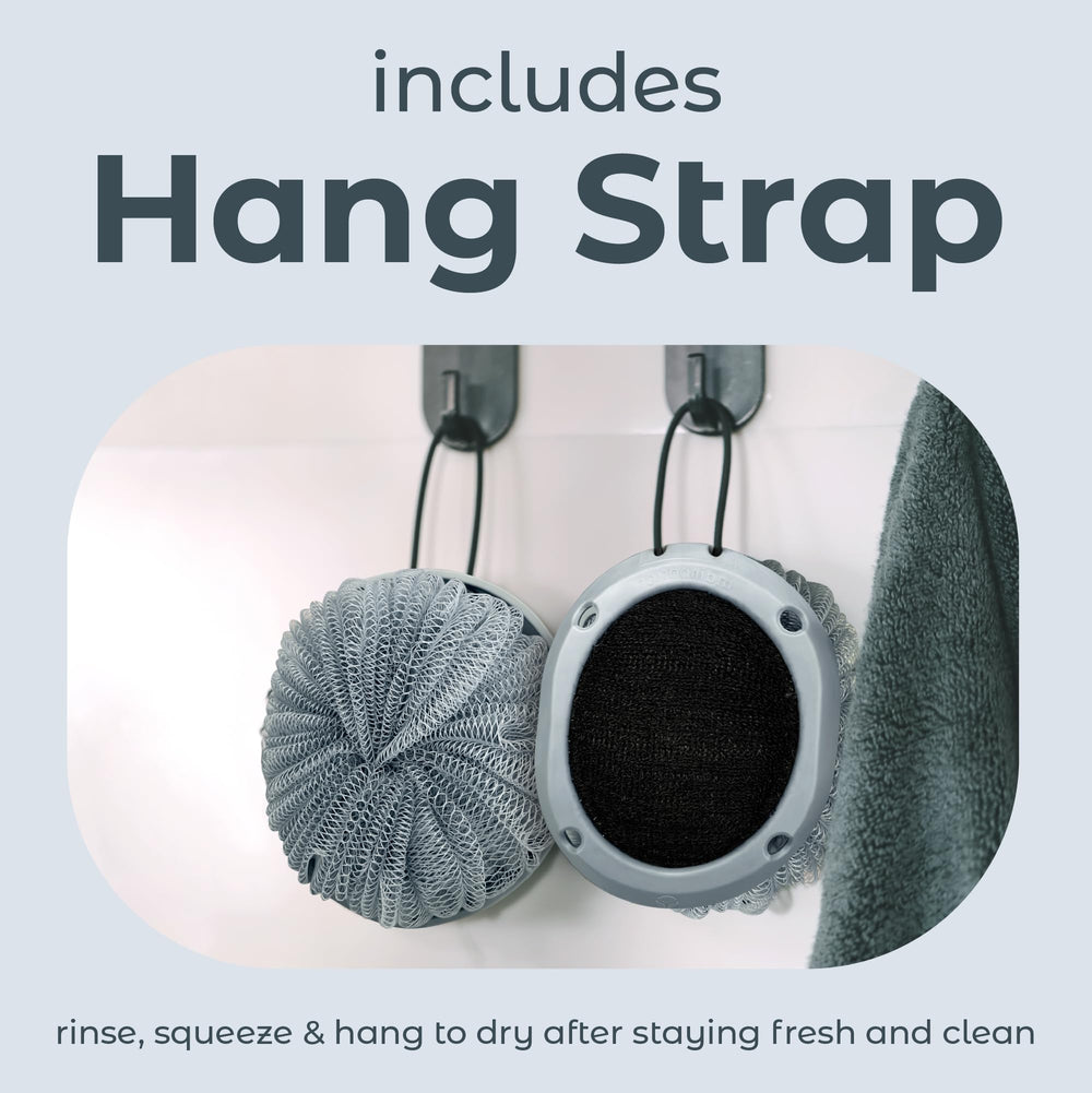MainBasics Shower Tool Duo in use shows comfortable, two-in-one cleansing.