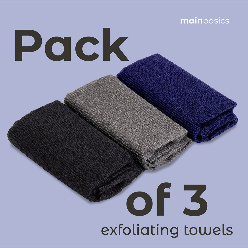 MainBasics toalla exfoliante con cuerda para colgar, almacenamiento práctico.