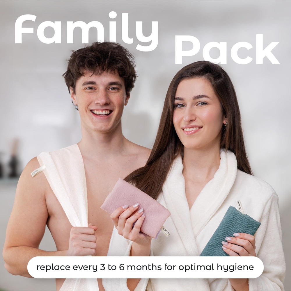 MainBasics toalla exfoliante, conjunto de tres para rotar entre duchas