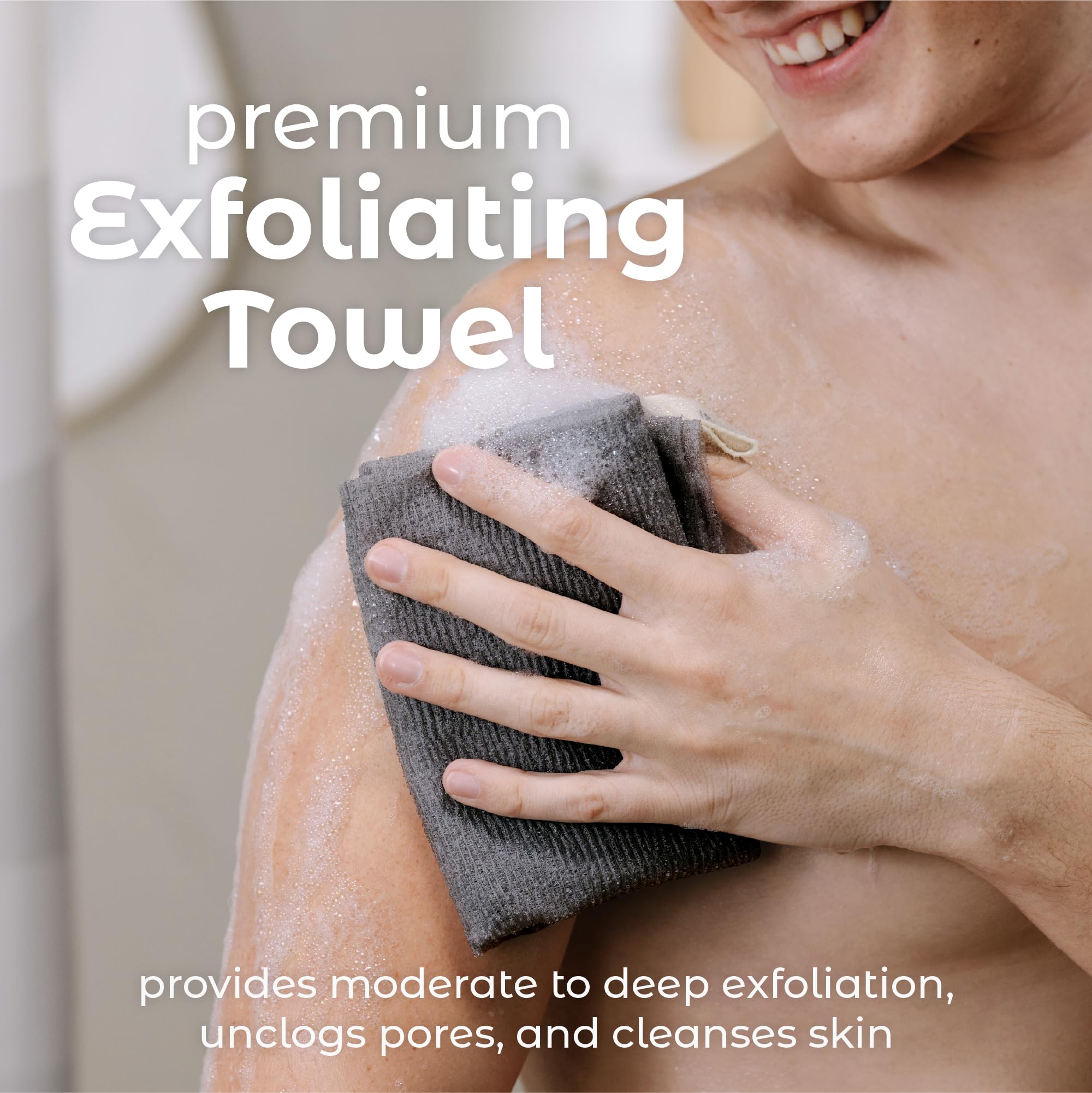 MainBasics toalla exfoliante con tejido texturizado para exfoliación equilibrada.