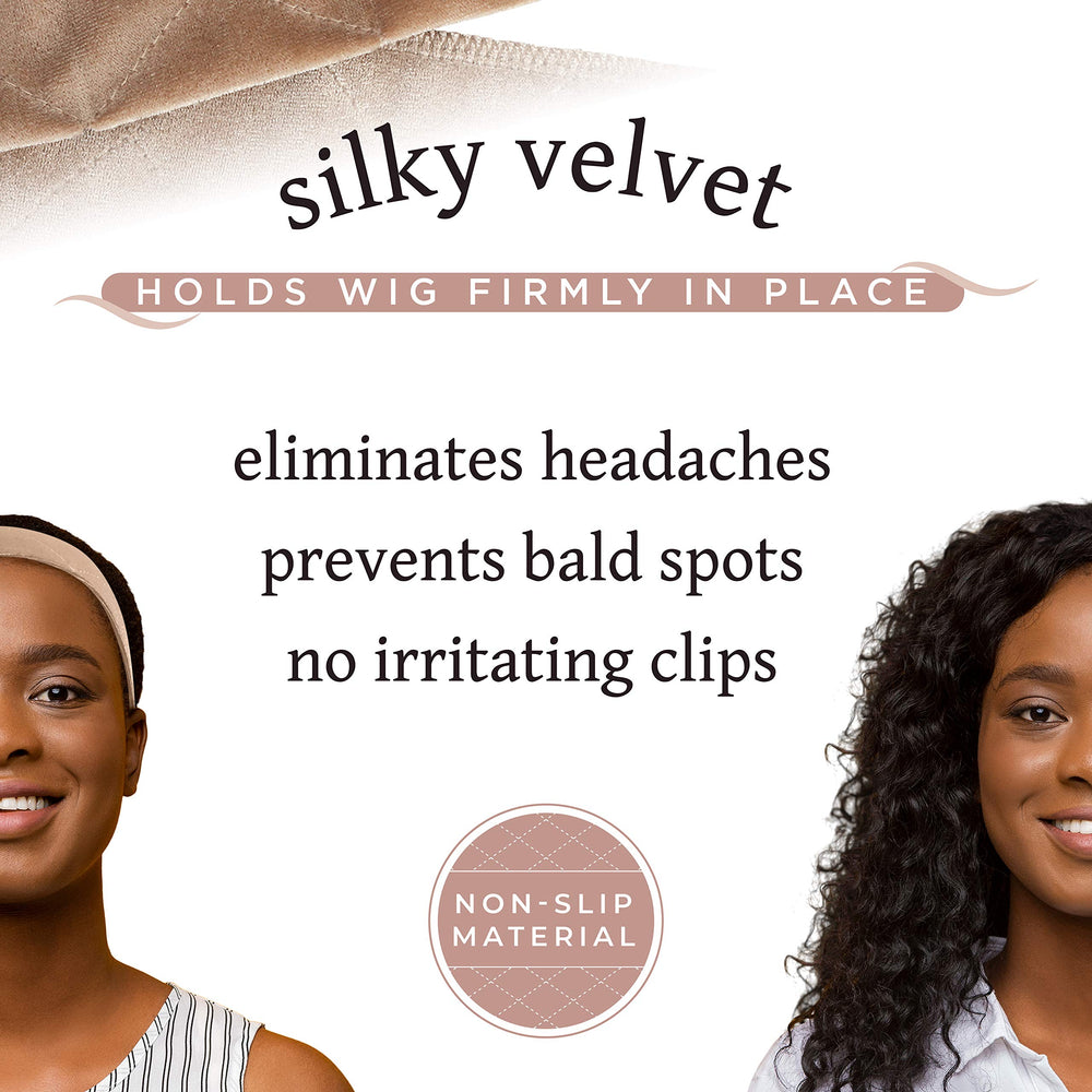 MainBasics wig grip band beige on head demonstrates snug, comfortable fit