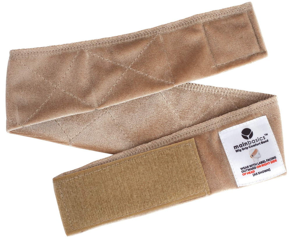 MainBasics wig grip band beige worn under a wig suggests discreet scalp comfort
