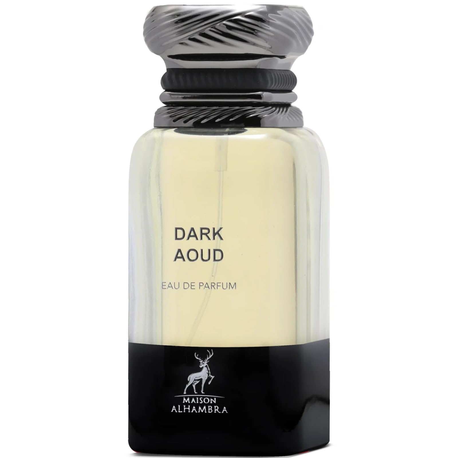 Maison Alhambra Dark Aoud bottle from the front, highlighting its bold presence.