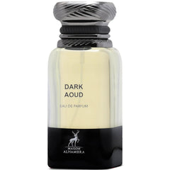 Maison Alhambra Dark Aoud bottle from the front, highlighting its bold presence.