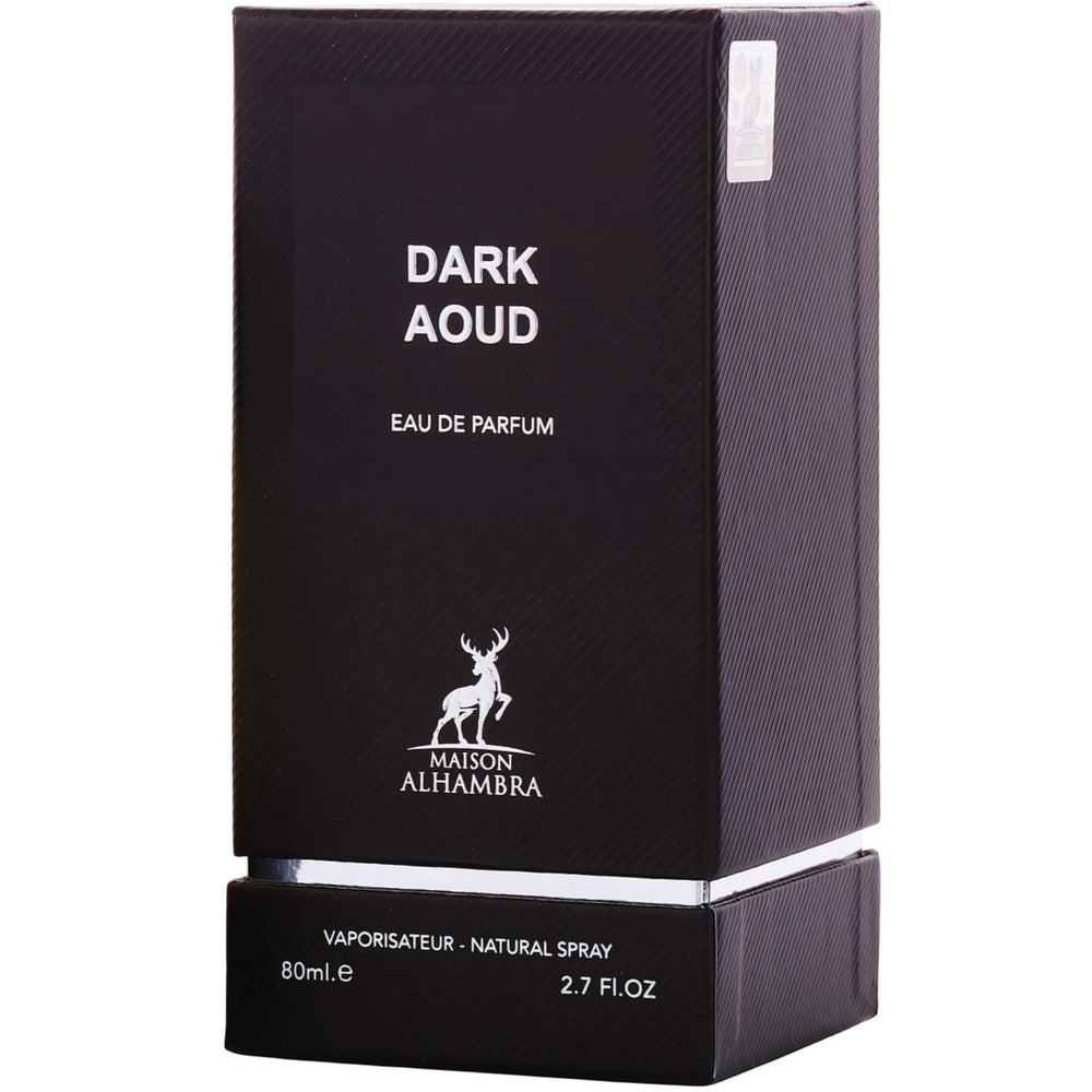 Maison Alhambra Dark Aoud packaging, ideal gift choice for fragrance lovers.