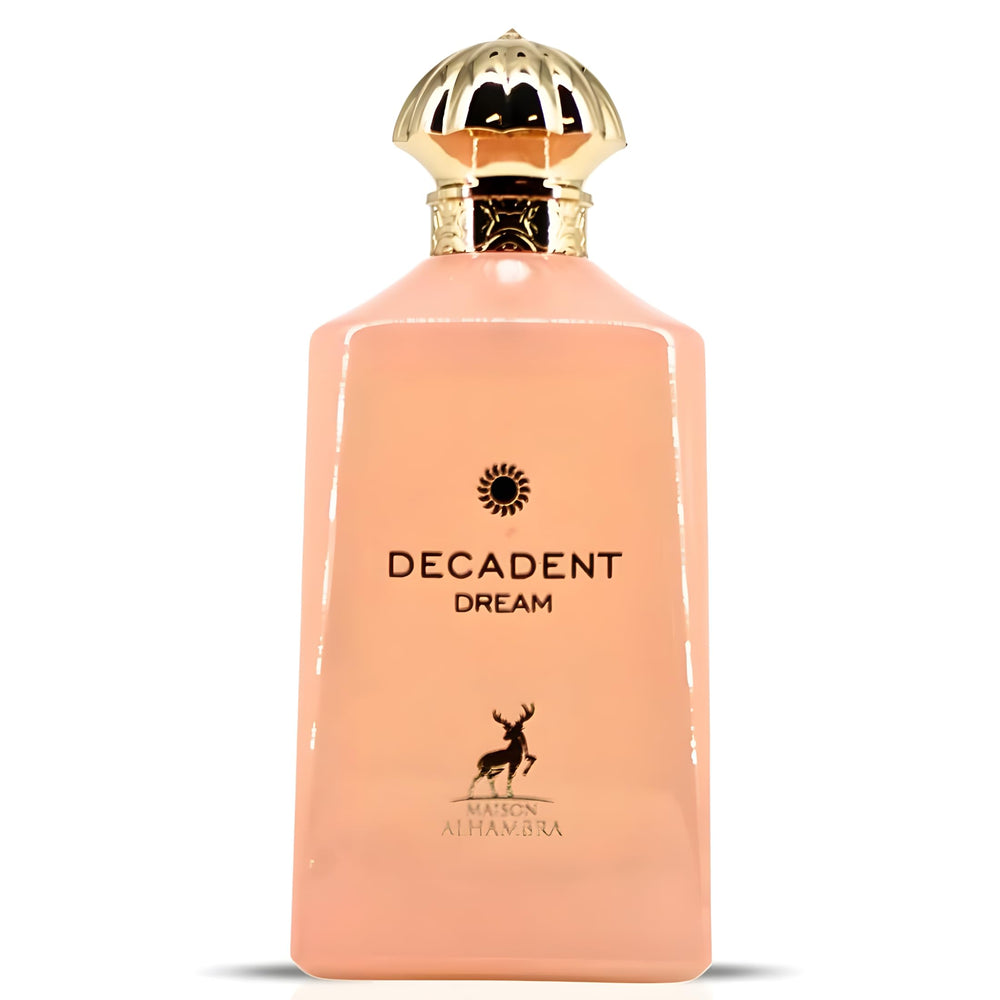 Maison Alhambra Decadent Dream bottle highlights creamy amber and floral notes for elegant evenings.