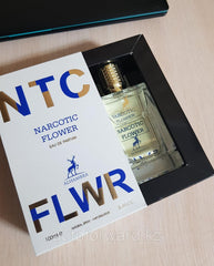 Close-up of Maison Alhambra Narcotic FLWR bottle highlighting floral aroma for daily wear.