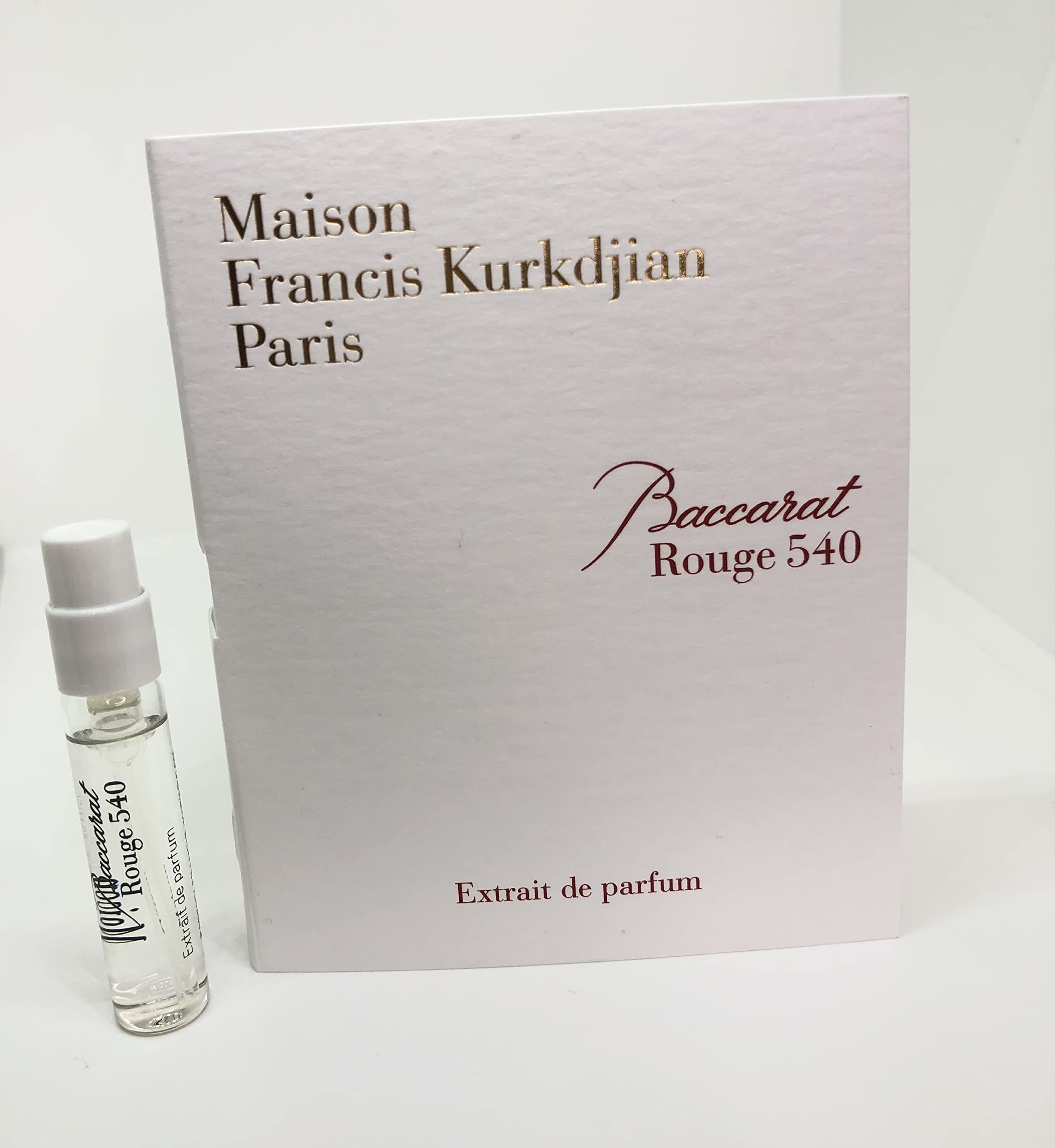 Close-up of Baccarat Rouge 540 Extract perfume bottle side view with branding for on-the-go testing