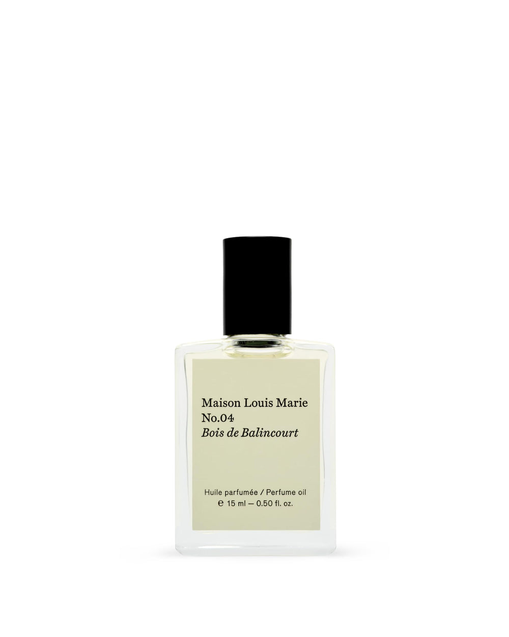 Maison Louis Marie No.04 Bois de Balincourt roll-on bottle highlighting warm woody scent for everyday wear.
