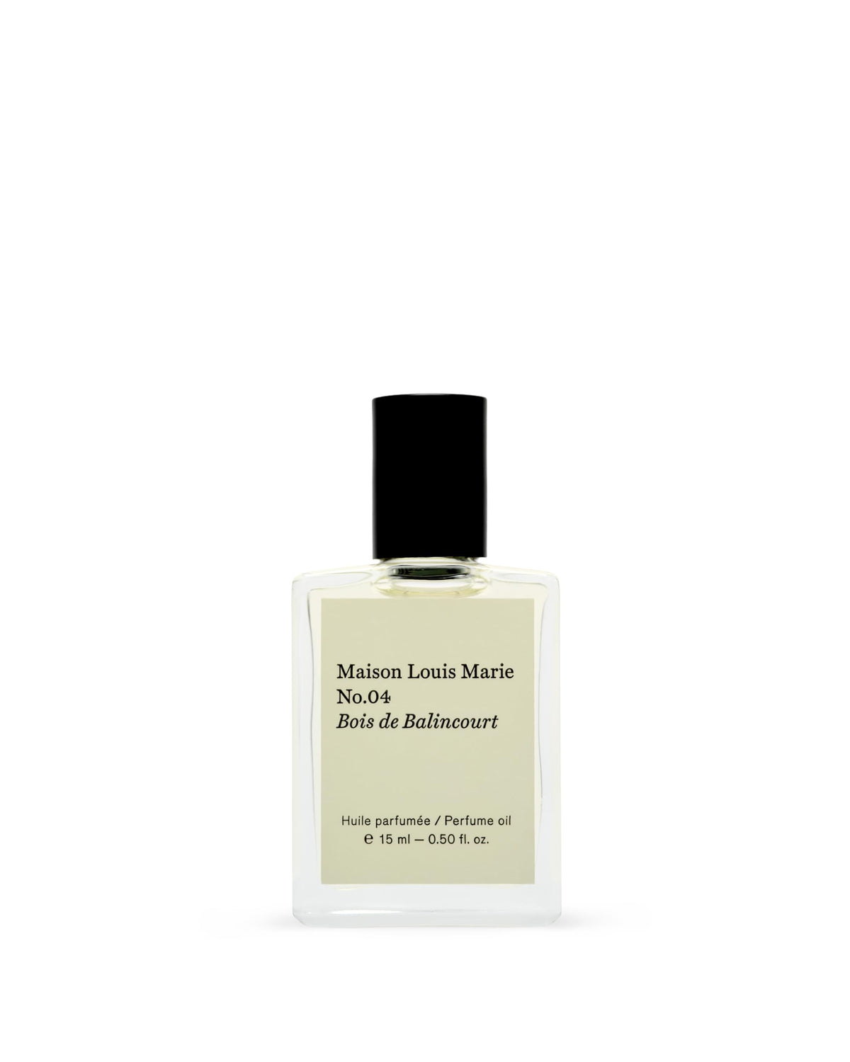 Maison Louis Marie No.04 Bois de Balincourt roll-on bottle highlighting warm woody scent for everyday wear.